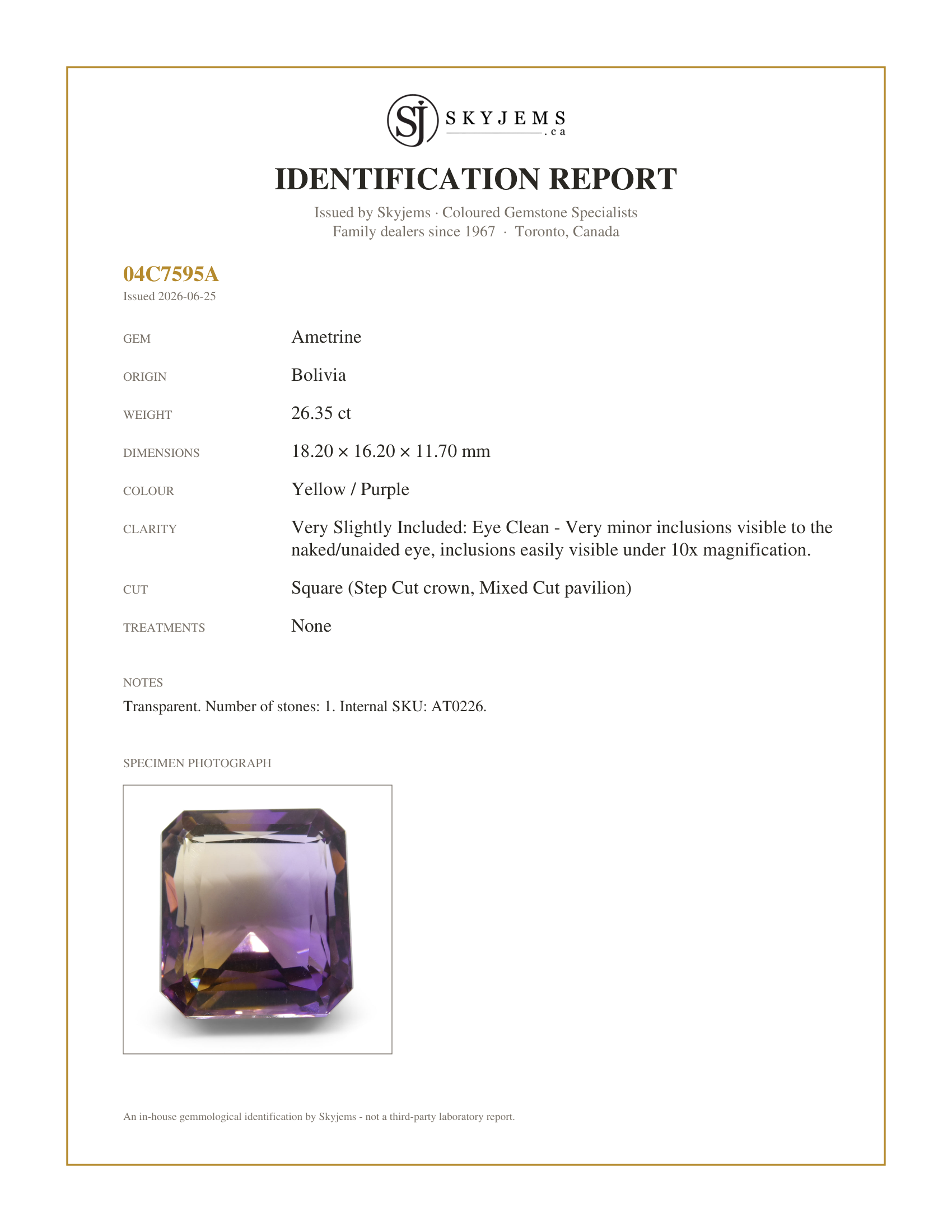 Skyjems Identification Report for AT0226 — 26.35 ct Square Ametrine, 100% Natural Very Rare Single Source Gem from Bolivia
