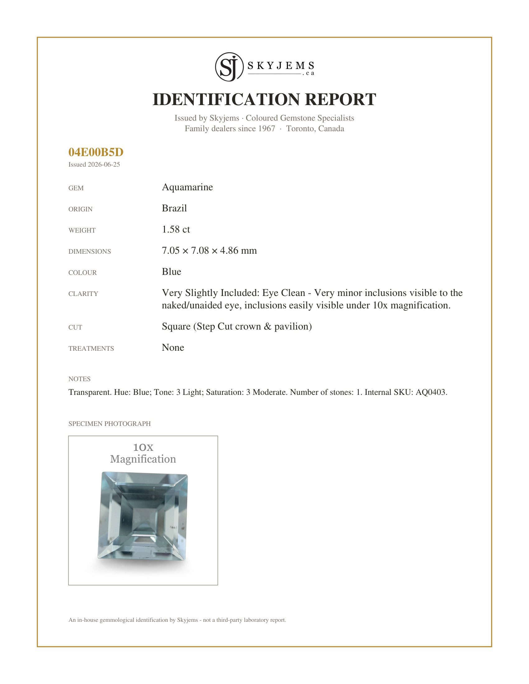 Skyjems Identification Report for AQ0403 — 1.58ct Square Aquamarine