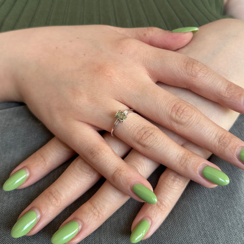 1.07ct Yellowish Green Fancy Diamond Cushion Engagement Ring set in 18k White Gold, GIA Certified