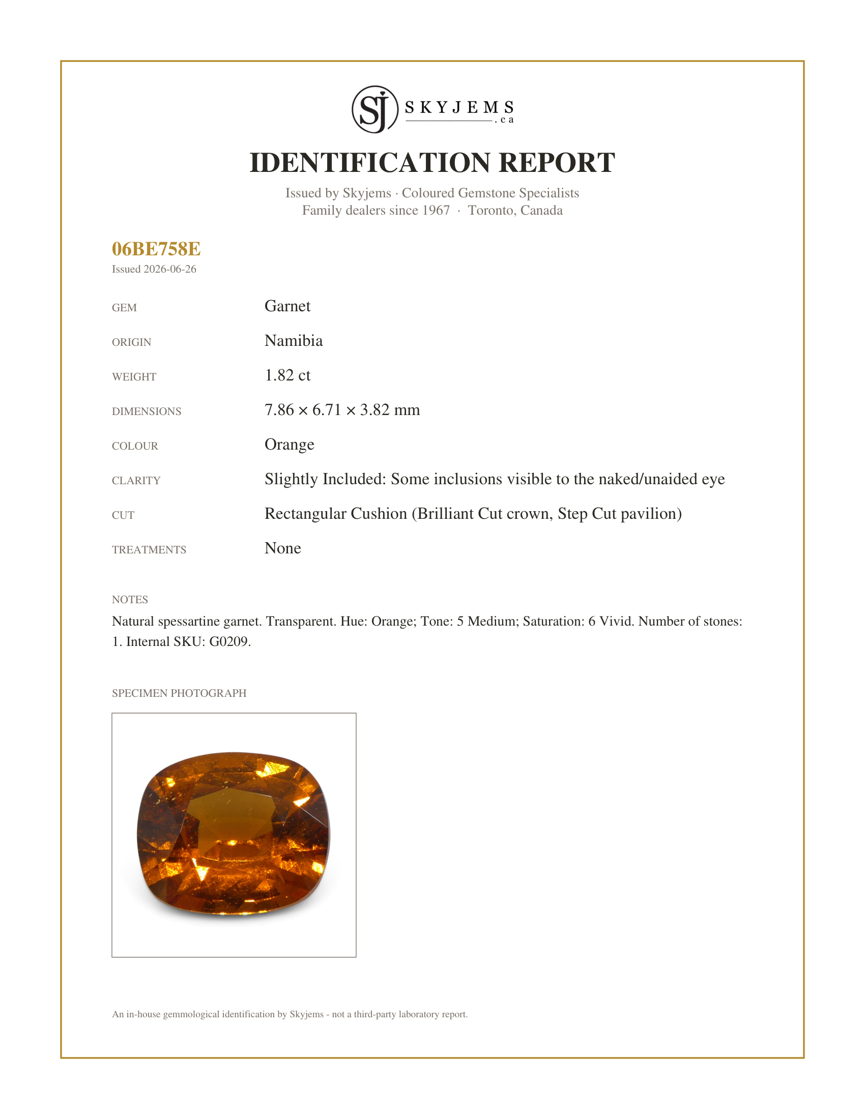 Skyjems Identification Report for G0209 — 1.82ct Rectangular Cushion Fanta Orange Mandarin Spessartite/Spessartine Garnet from Namibia