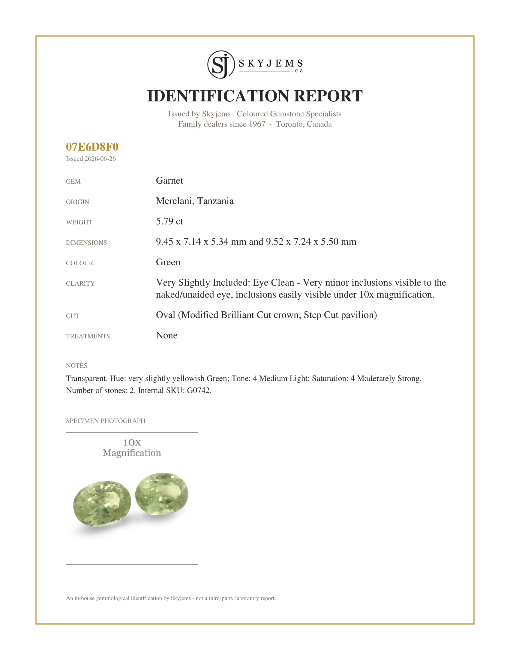 Skyjems Identification Report for G0742 — 5.79ct Pair Oval Green Merelani Mint Tsavorite Garnet from Tanzania
