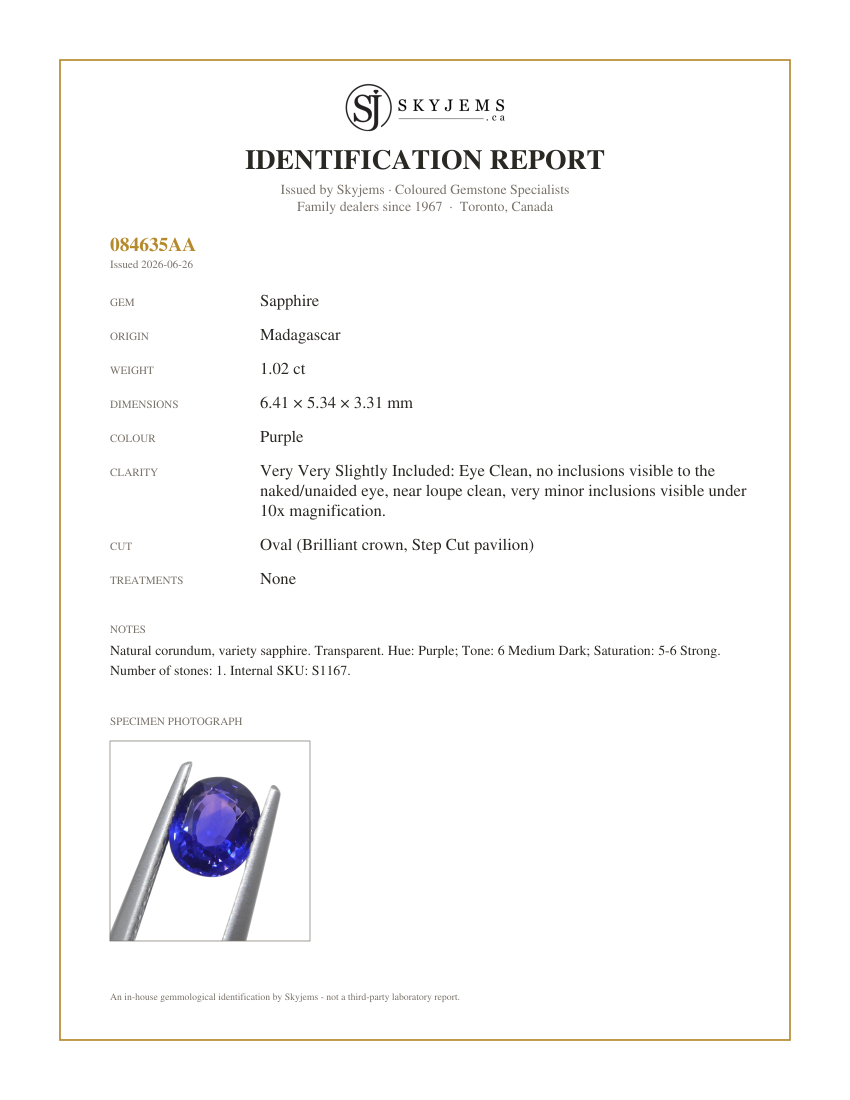 Skyjems Identification Report for S1167 — 1.02ct Oval Purple Sapphire from Madagascar Unheated