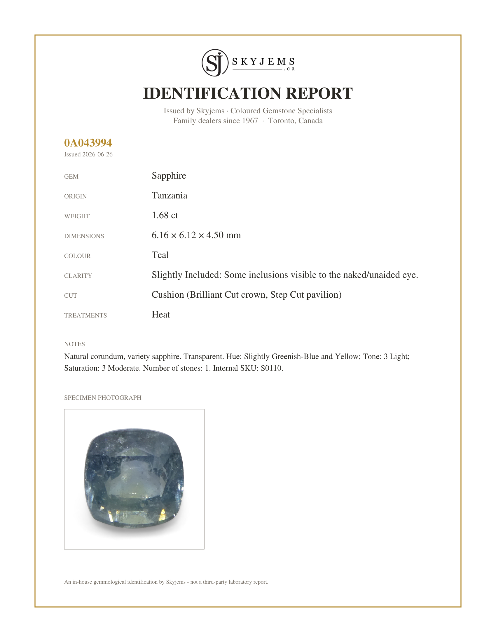 Skyjems Identification Report for S0110 — 1.68ct Cushion Greenish-Blue Teal Sapphire from Tanzania
