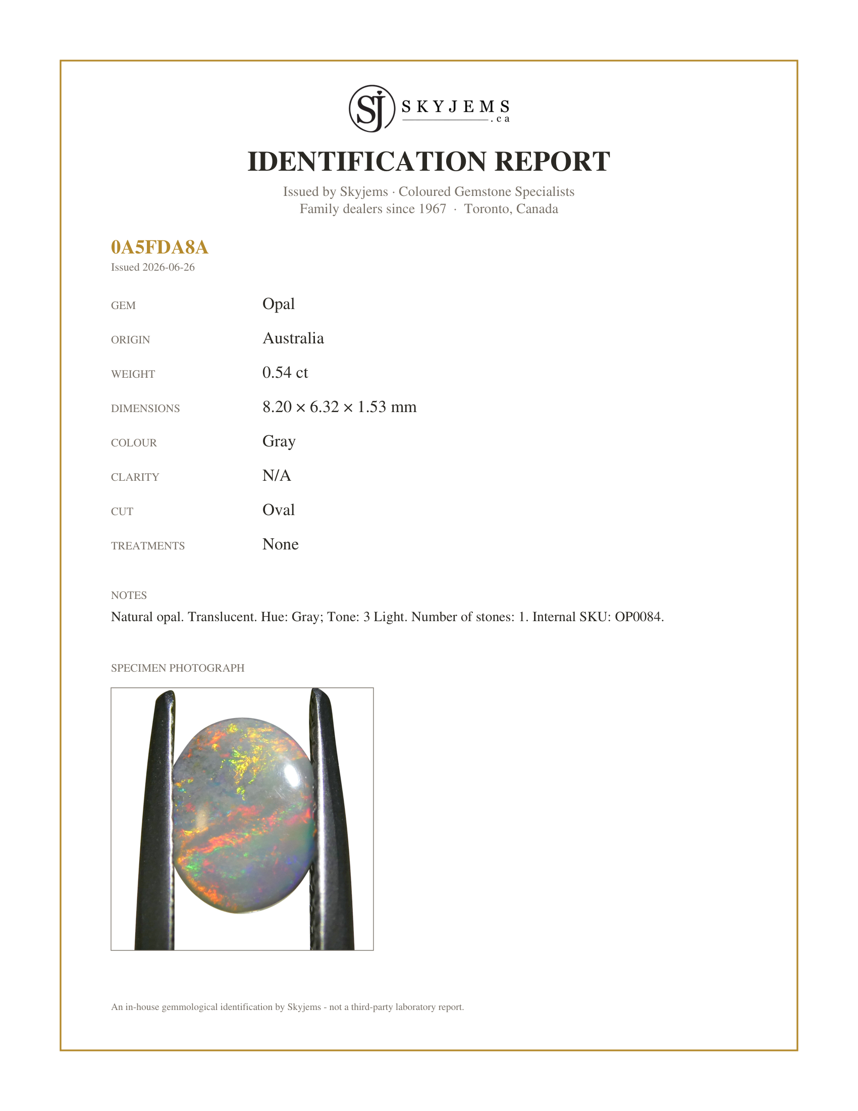 Skyjems Identification Report for OP0084 — 0.54ct Oval Cabochon Gray Opal from Australia