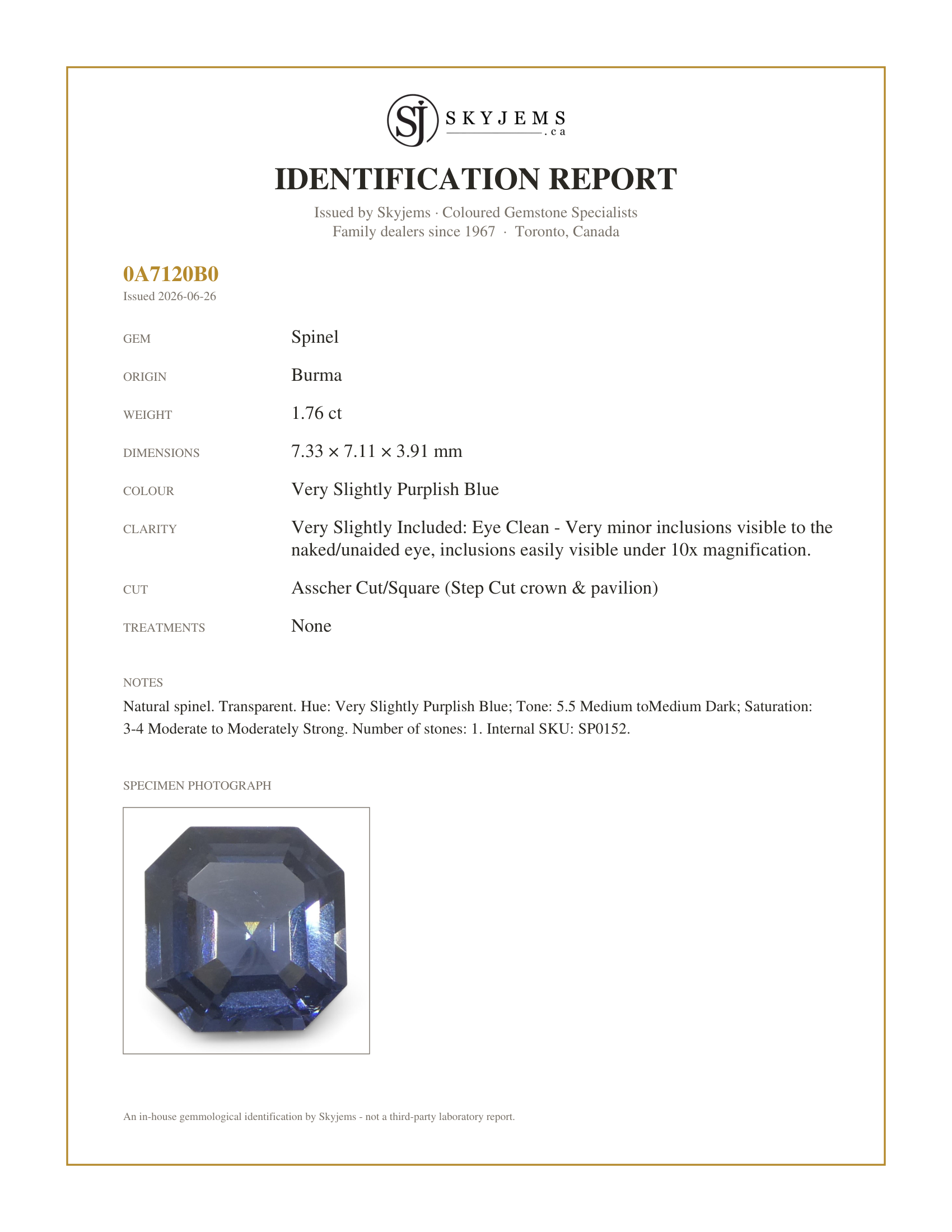 Skyjems Identification Report for SP0152 — 1.76ct Asscher Cut/Square Blue Spinel from Burma Unheated