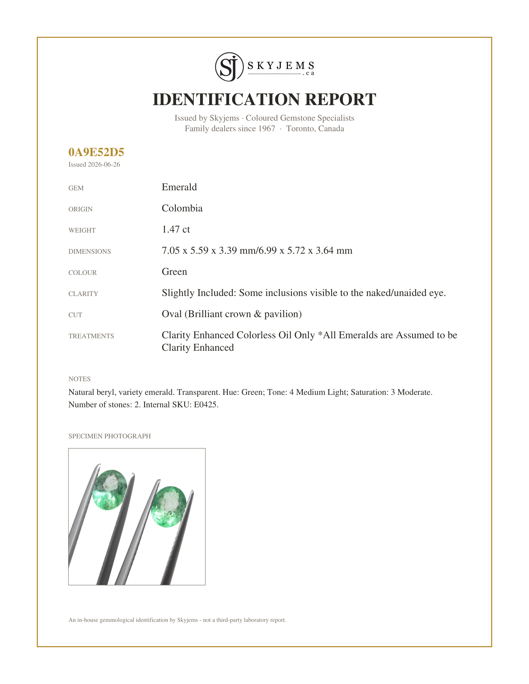 Skyjems Identification Report for E0425 — 1.47ct Pair Oval Green Emerald from Colombia