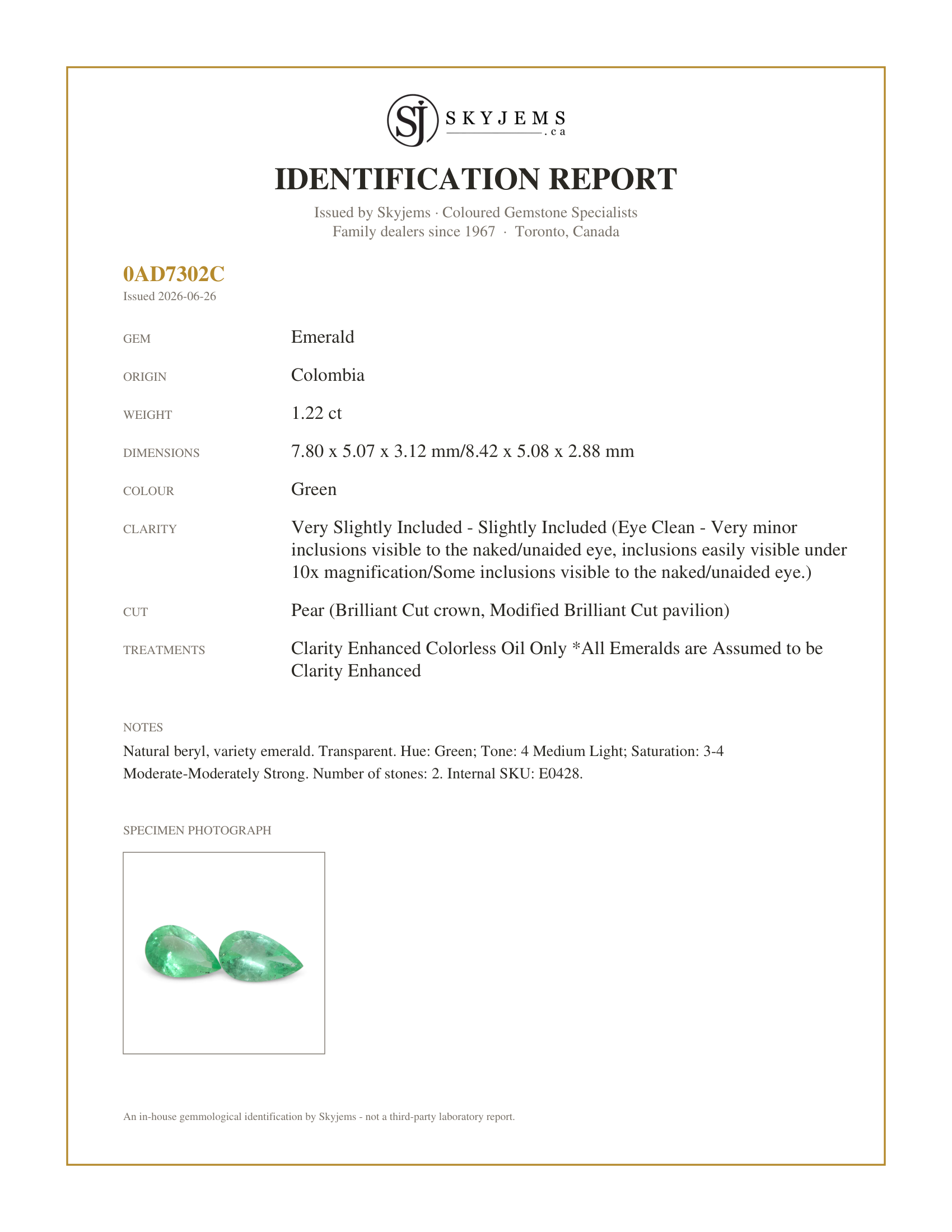 Skyjems Identification Report for E0428 — 1.22ct Pair Pear Green Emerald from Colombia