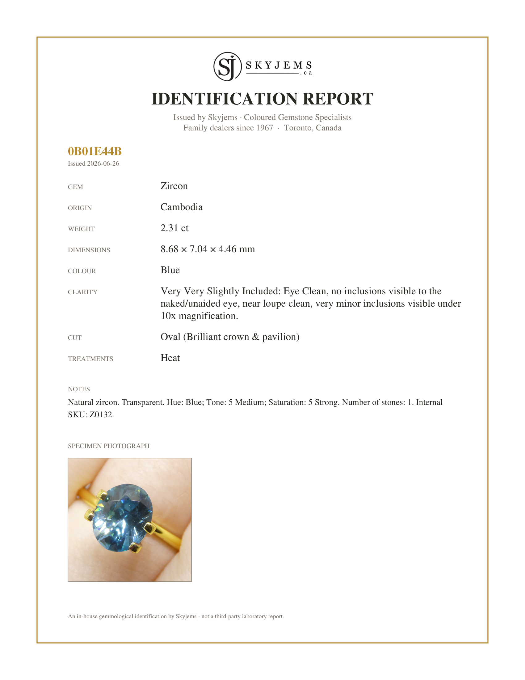 Skyjems Identification Report for Z0132 — 2.31ct Natural Earth Mined Oval Master Brilliant Cut Blue Zircon from Cambodia