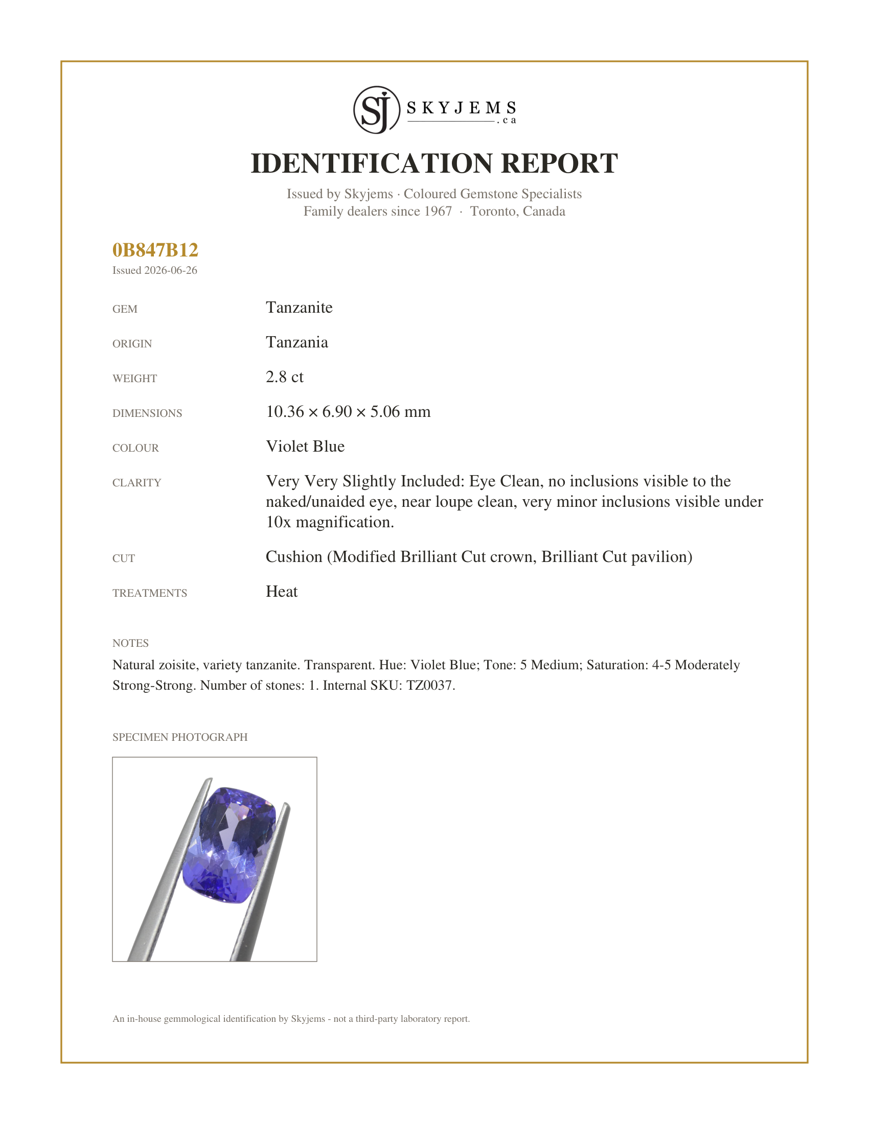 Skyjems Identification Report for TZ0037 — 2.8ct Cushion Violet Blue Tanzanite from Tanzania