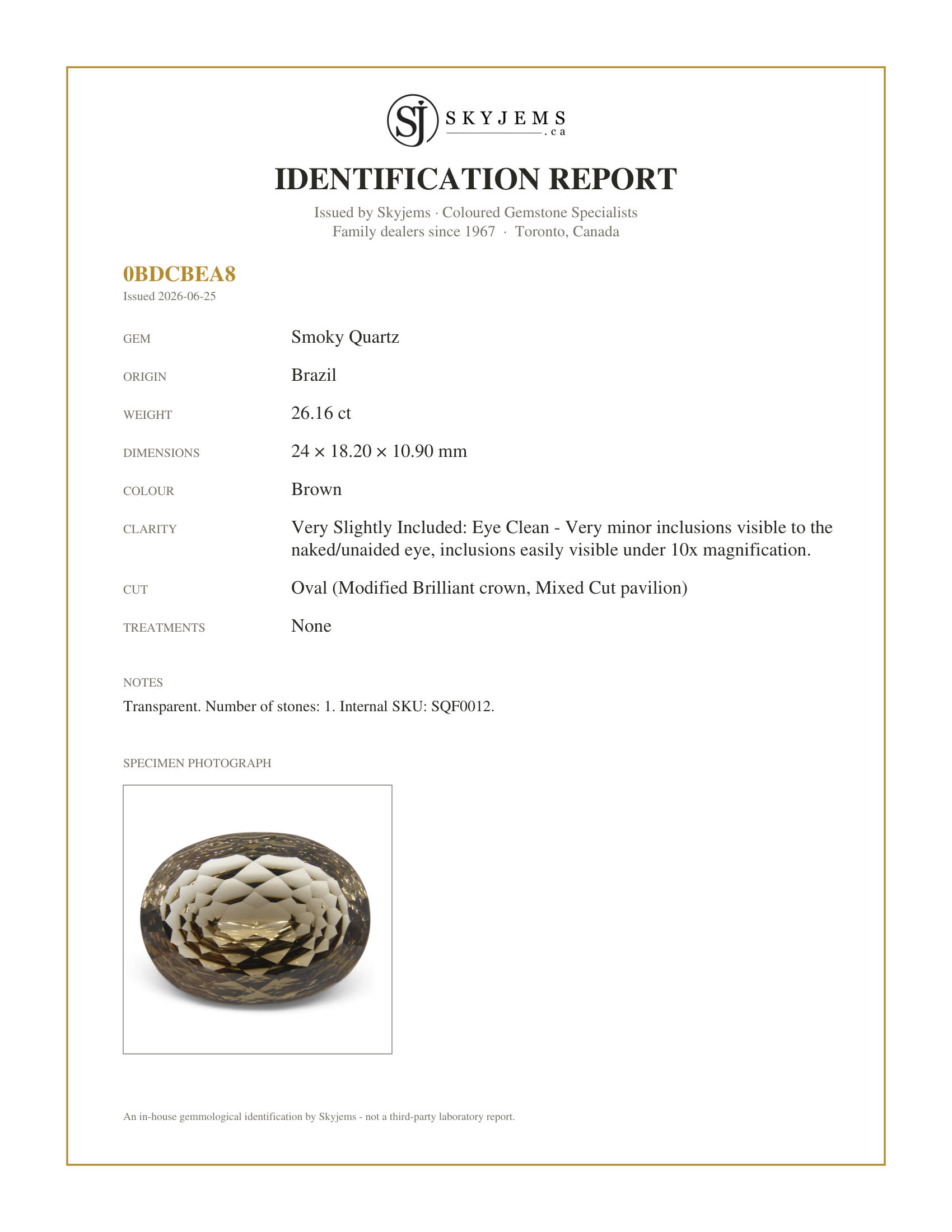 Skyjems Identification Report for SQF0012 — 26.16ct Oval Smoky Quartz Fantasy/Fancy Cut