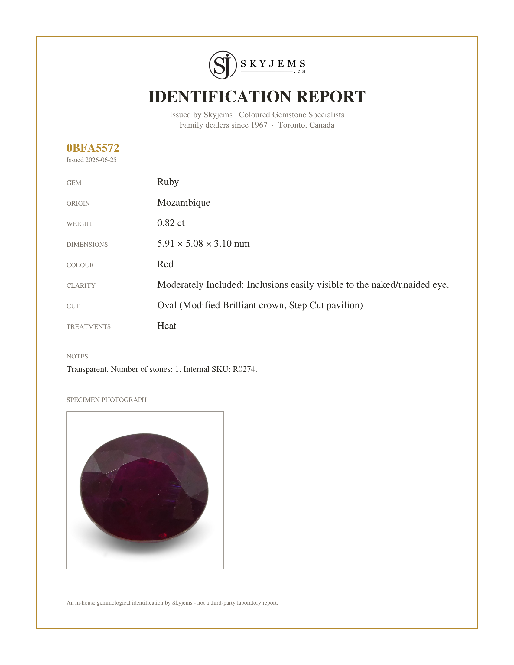 Skyjems Identification Report for R0274 — 0.82 ct Oval Ruby Mozambique