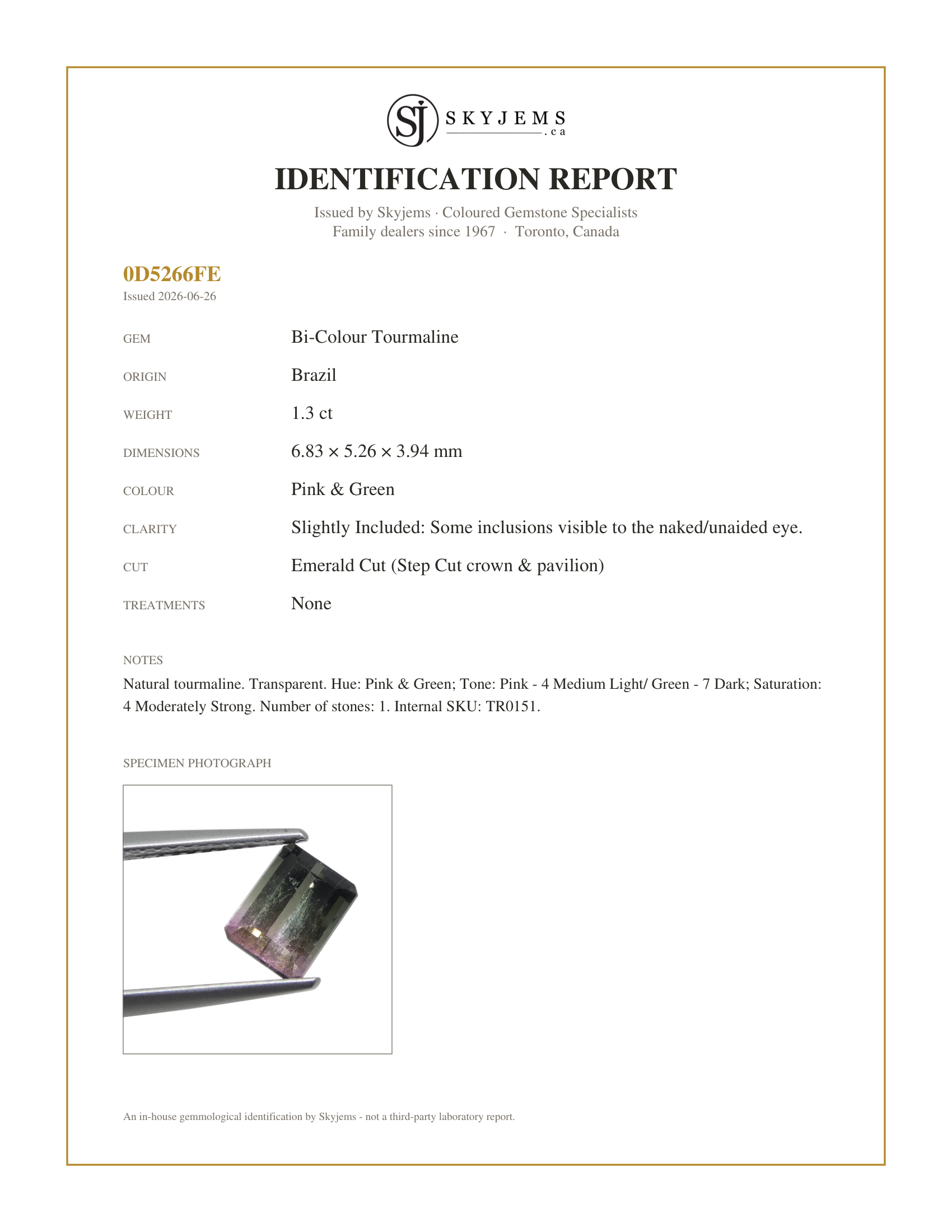 Skyjems Identification Report for TR0151 — 1.3ct Emerald Cut Pink & Green Bi-Colour Tourmaline