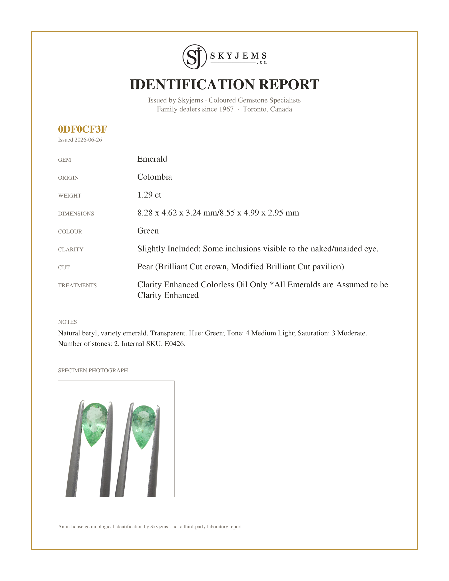 Skyjems Identification Report for E0426 — 1.29ct Pair Pear Green Emerald from Colombia