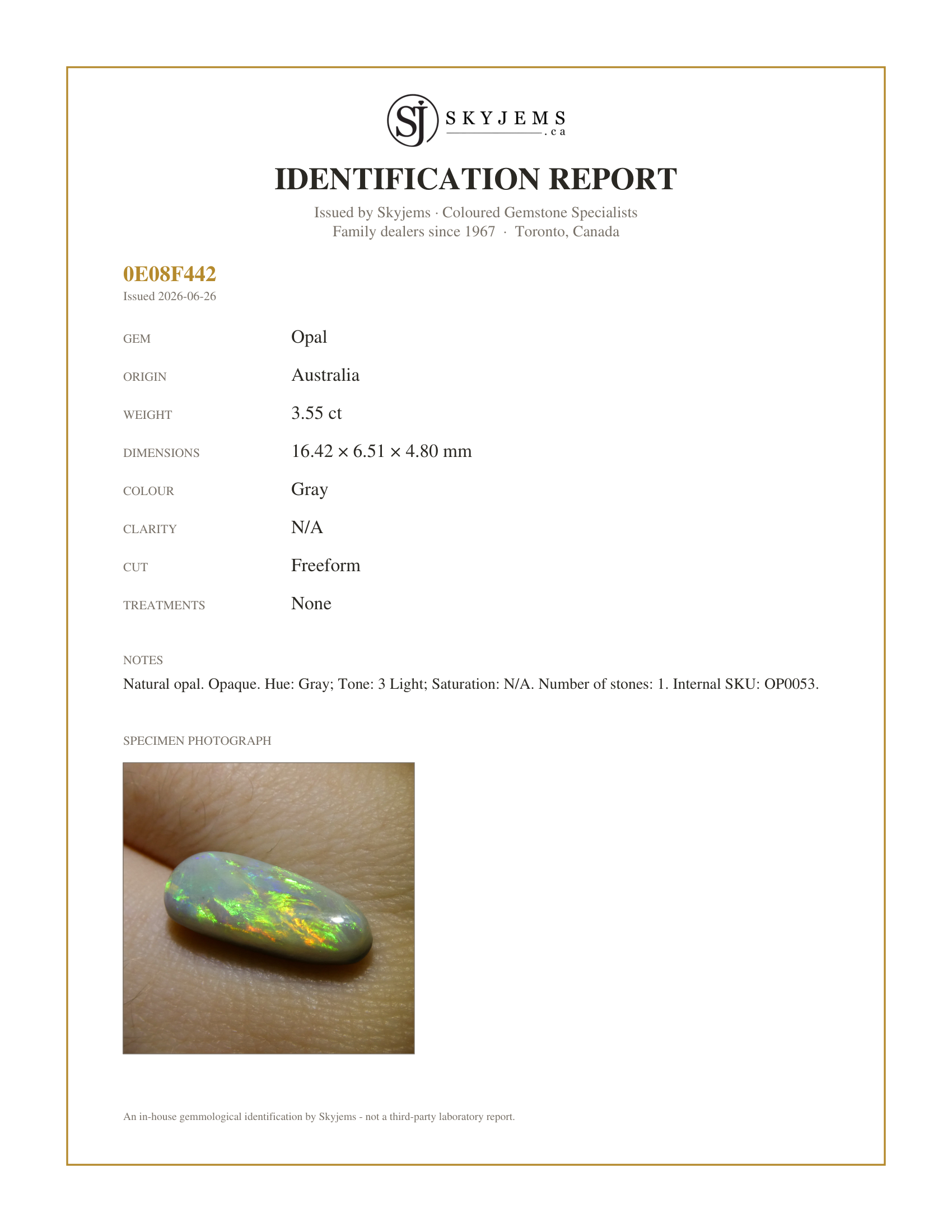 Skyjems Identification Report for OP0053 — 3.55ct Freeform Cabochon Gray Opal from Australia