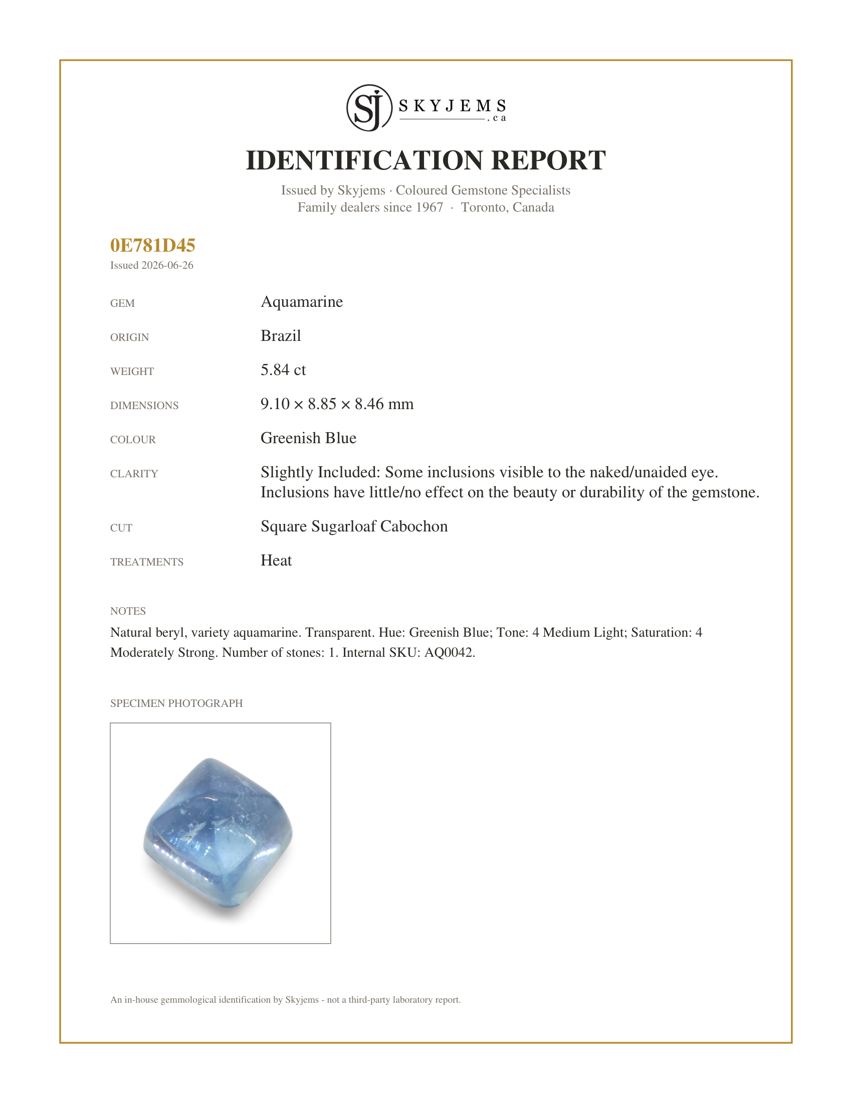 Skyjems Identification Report for AQ0042 — 5.84ct Square Sugarloaf Cabochon Blue Aquamarine from Brazil