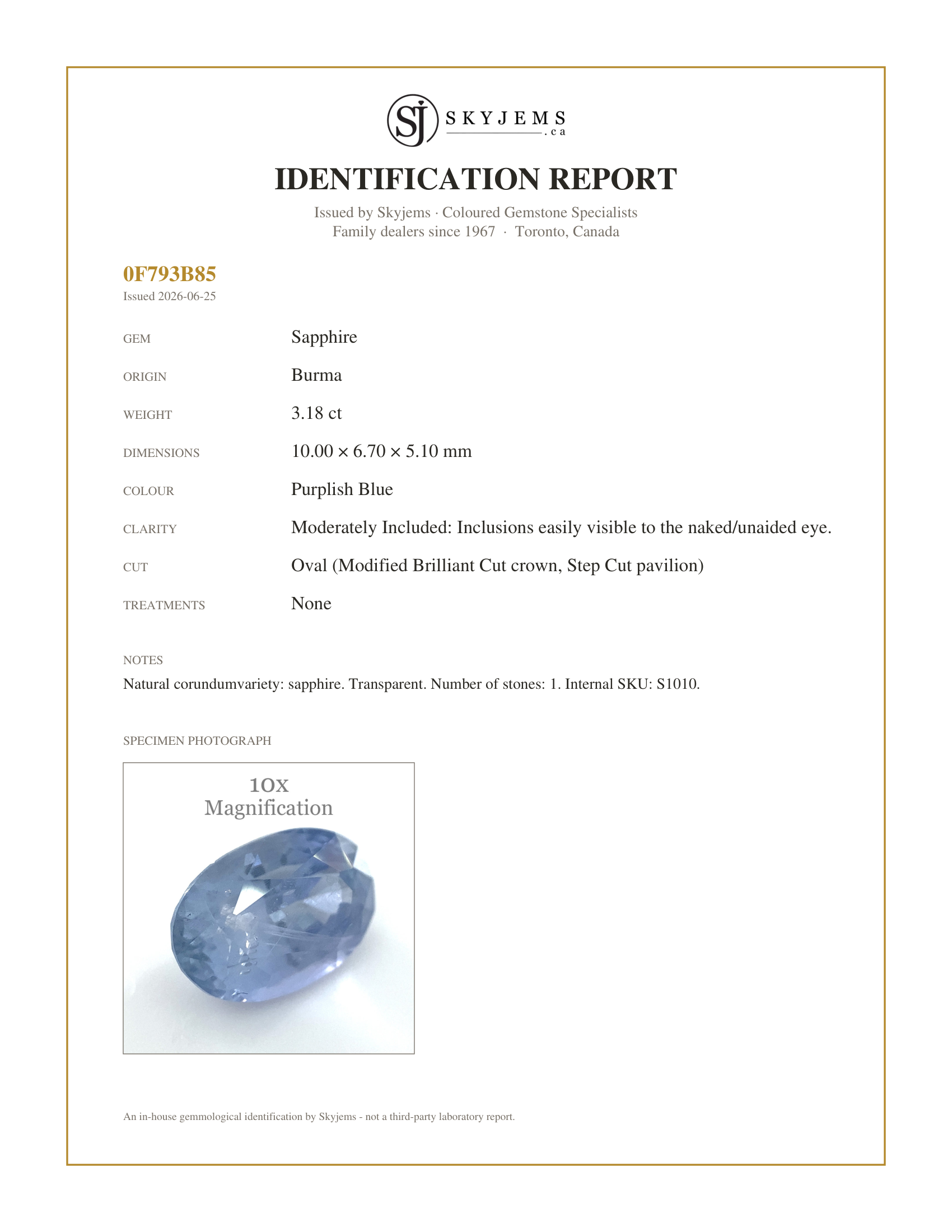 Skyjems Identification Report for S1010 — 3.18ct Oval Blue Sapphire Unheated