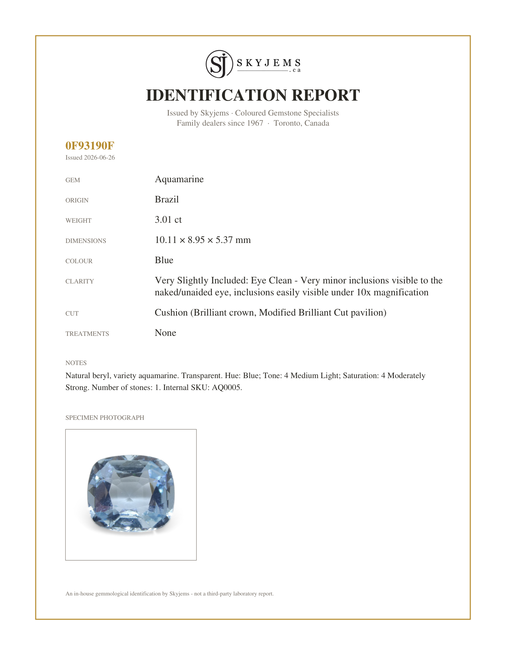 Skyjems Identification Report for AQ0005 — 3.01ct Cushion Blue Aquamarine from Brazil