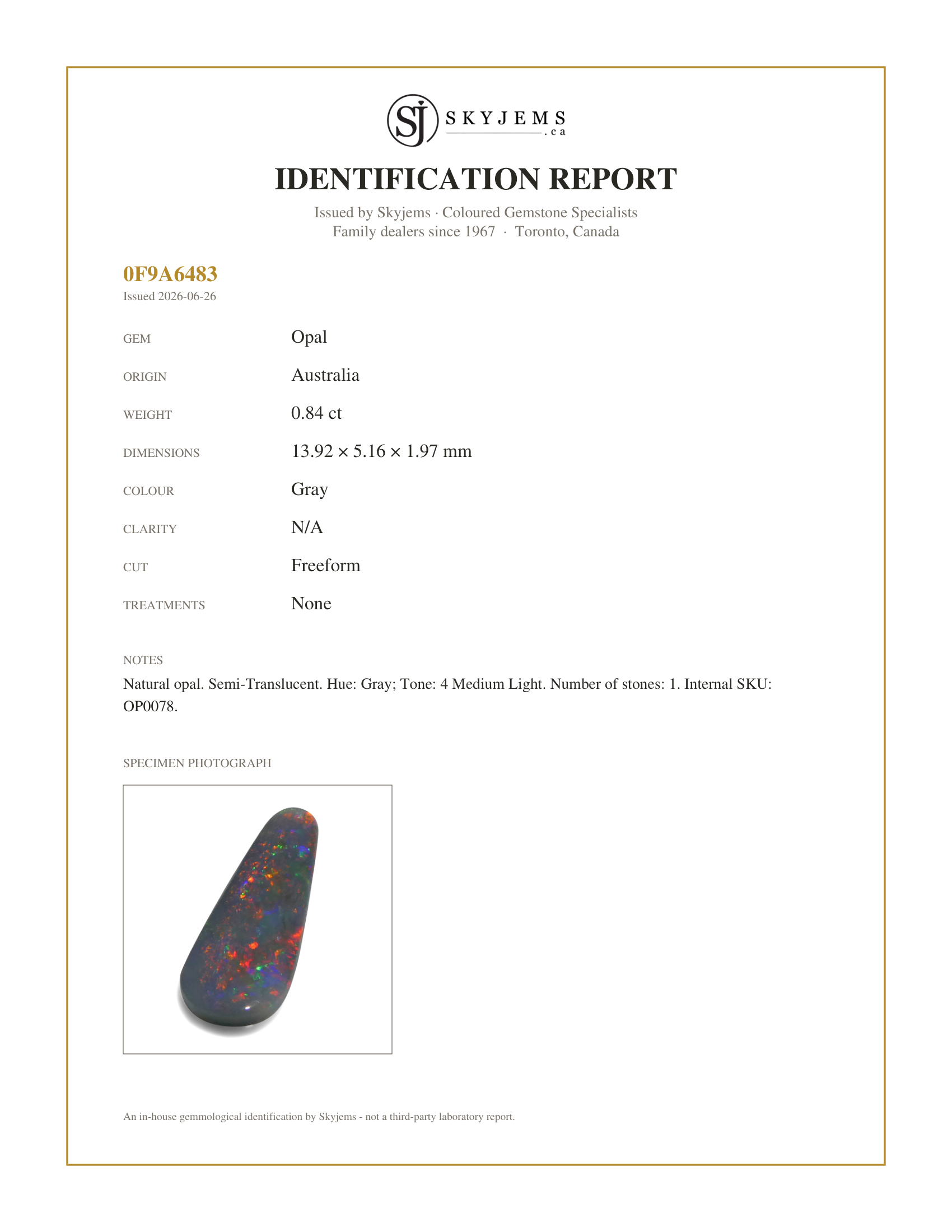 Skyjems Identification Report for OP0078 — 0.84ct Freeform Cabochon Gray Opal from Australia