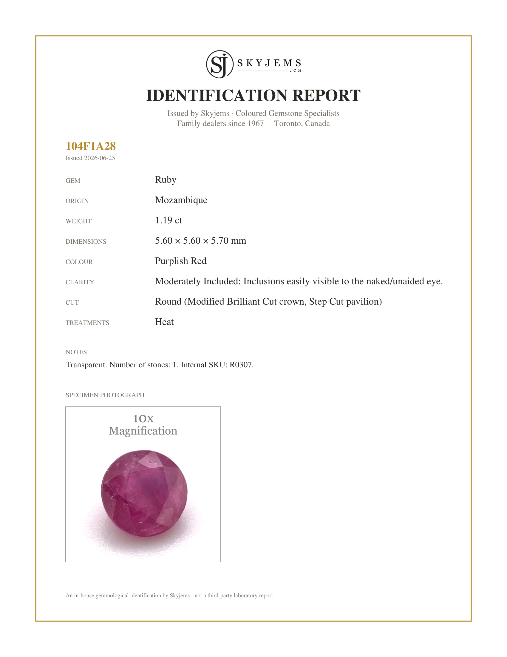 Skyjems Identification Report for R0307 — 1.19ct Round Red Ruby