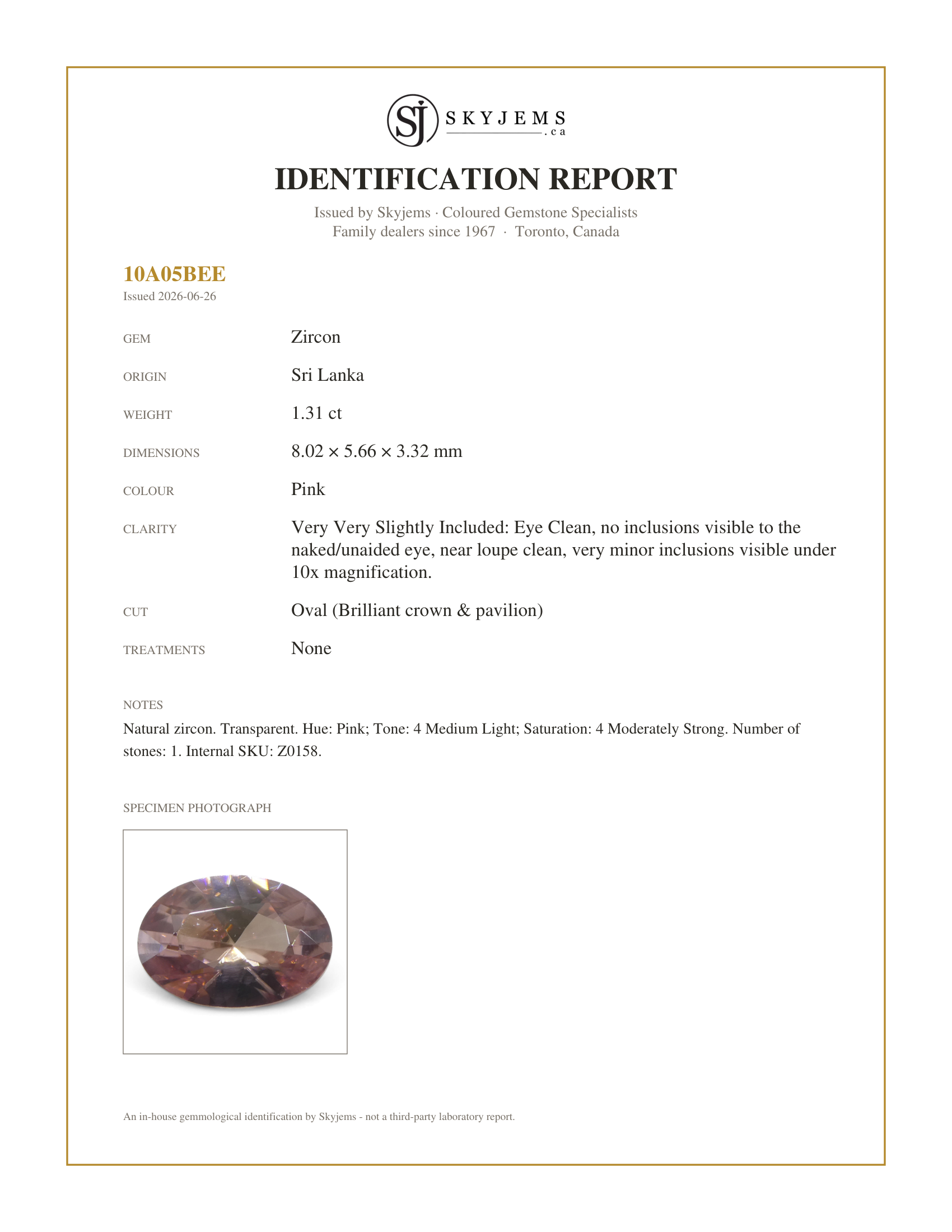 Skyjems Identification Report for Z0158 — 1.31ct Natural Earth Mined Oval Master Brilliant Cut Pink Zircon from Sri Lanka
