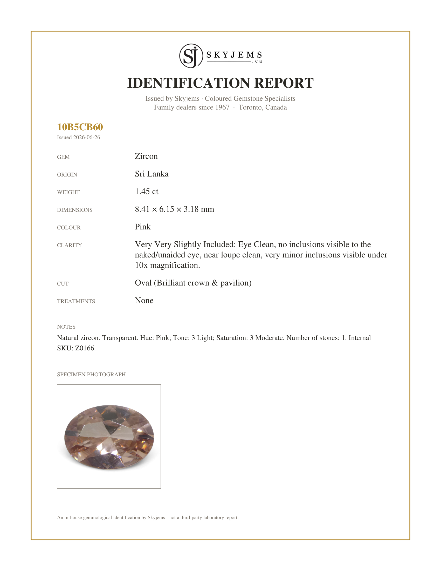Skyjems Identification Report for Z0166 — 1.45ct Natural Earth Mined Oval Master Brilliant Cut Pink Zircon from Sri Lanka