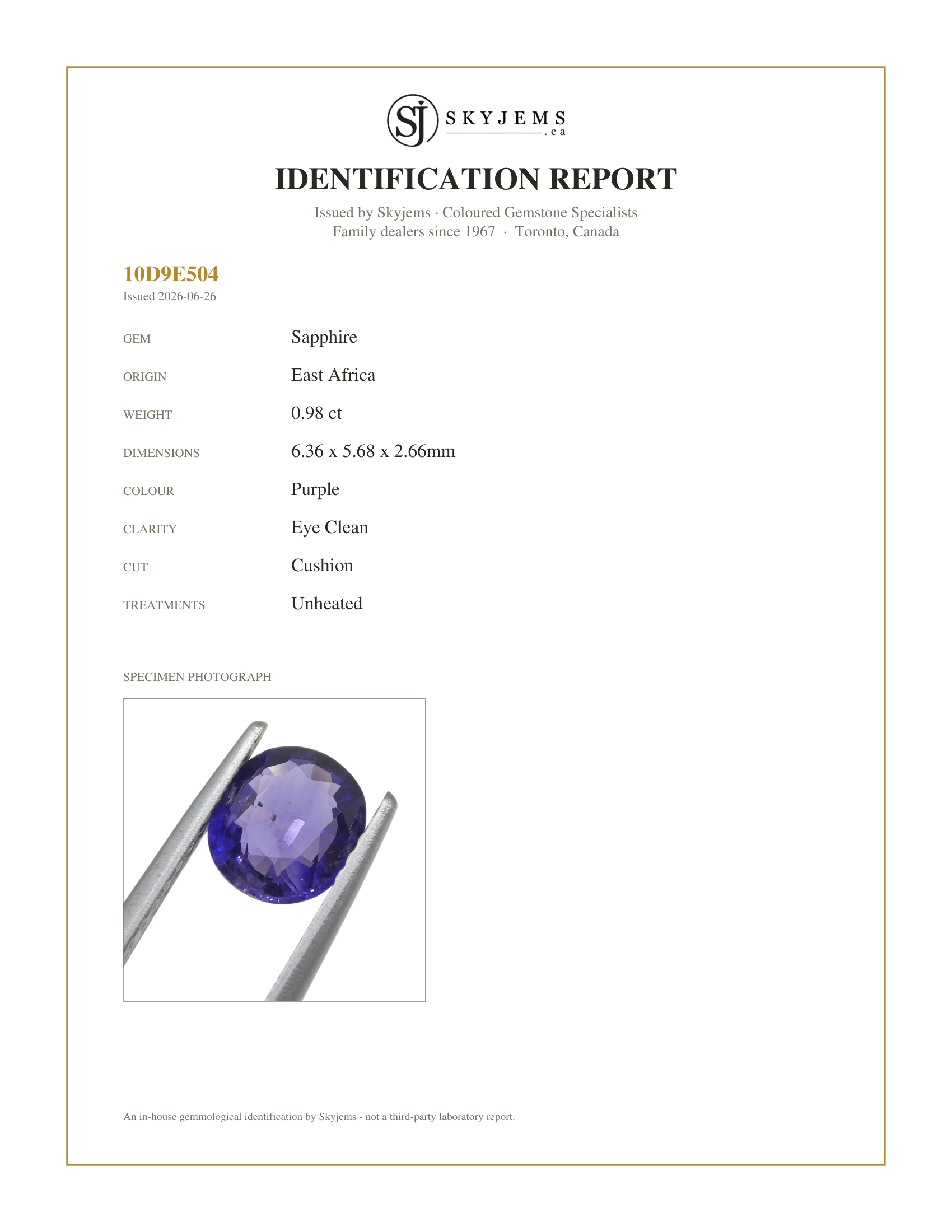 Skyjems Identification Report for S1240 — 0.98ct Cushion Purple Sapphire from East Africa, Unheated