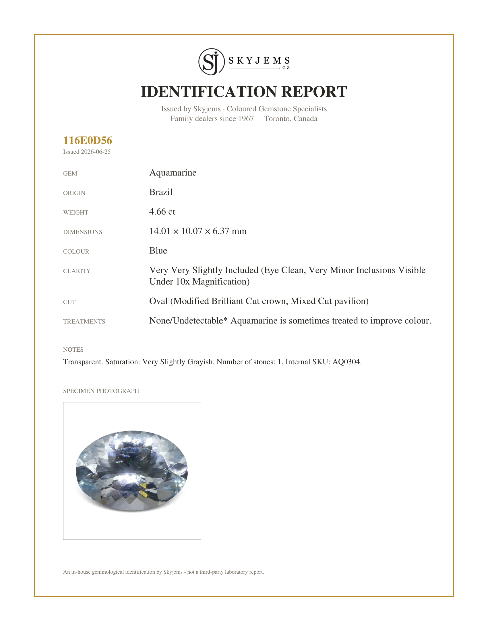 Skyjems Identification Report — 4.66 ct Oval Aquamarine
