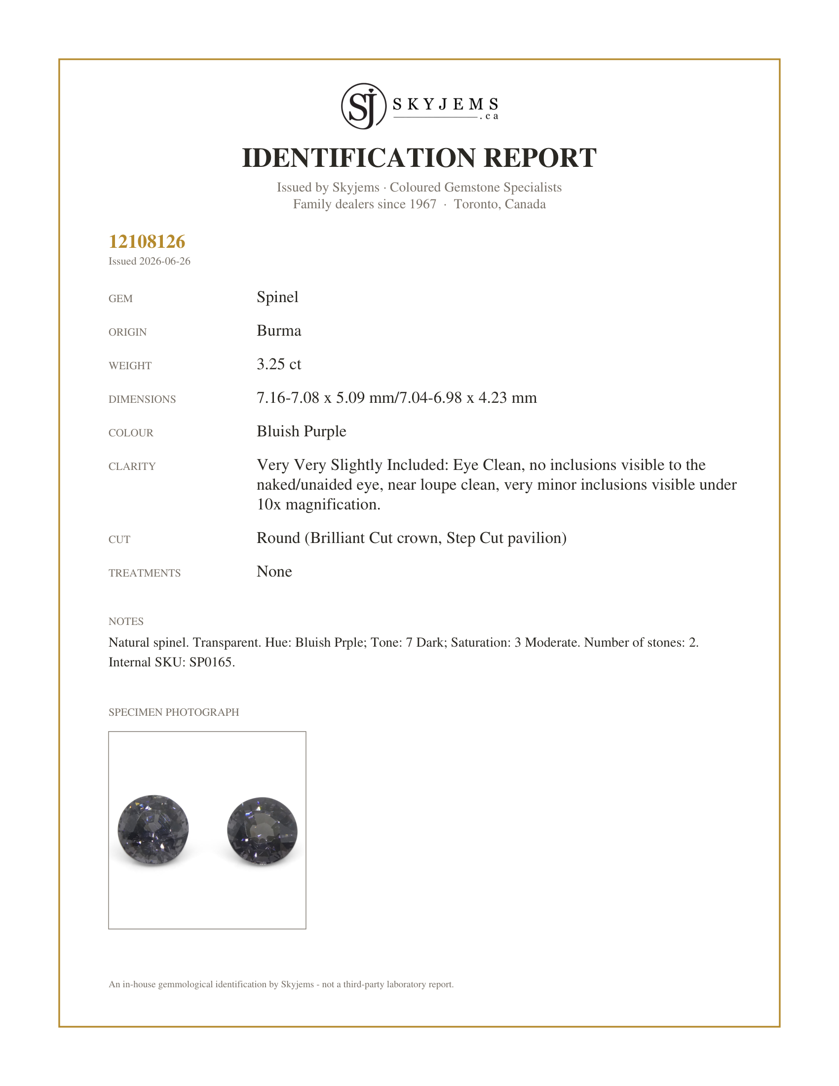 Skyjems Identification Report for SP0165 — 3.25ct Pair (2) Round Purple Spinel from Burma Unheated