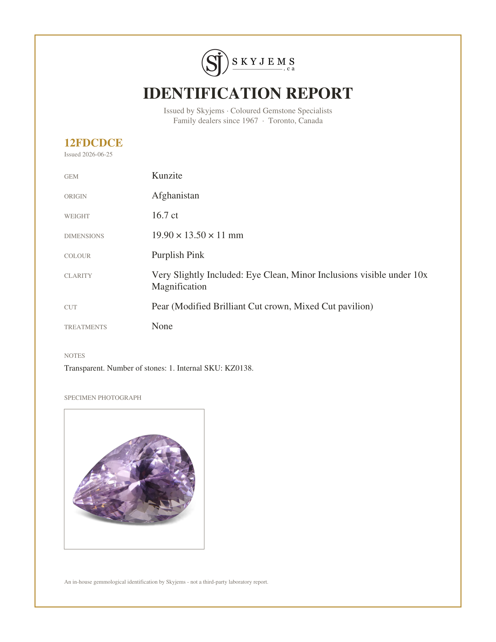 Skyjems Identification Report for KZ0138 — 16.7 ct Pear Kunzite