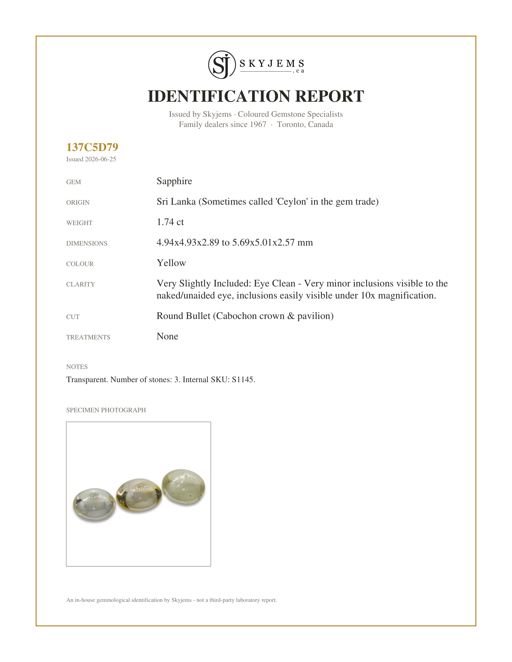 Skyjems Identification Report for S1145 — 1.74ct Round Bullet Yellow Sapphire Set