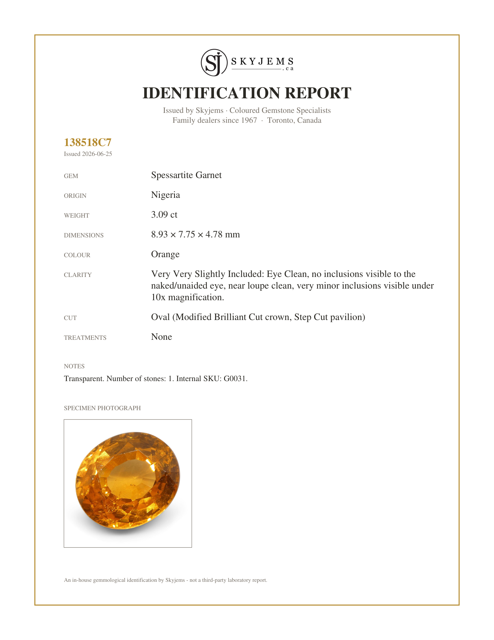 Skyjems Identification Report for G0031 — 3.09 ct Oval Vivid Fanta Orange Mandarin Spessartite/Spessartine Garnet