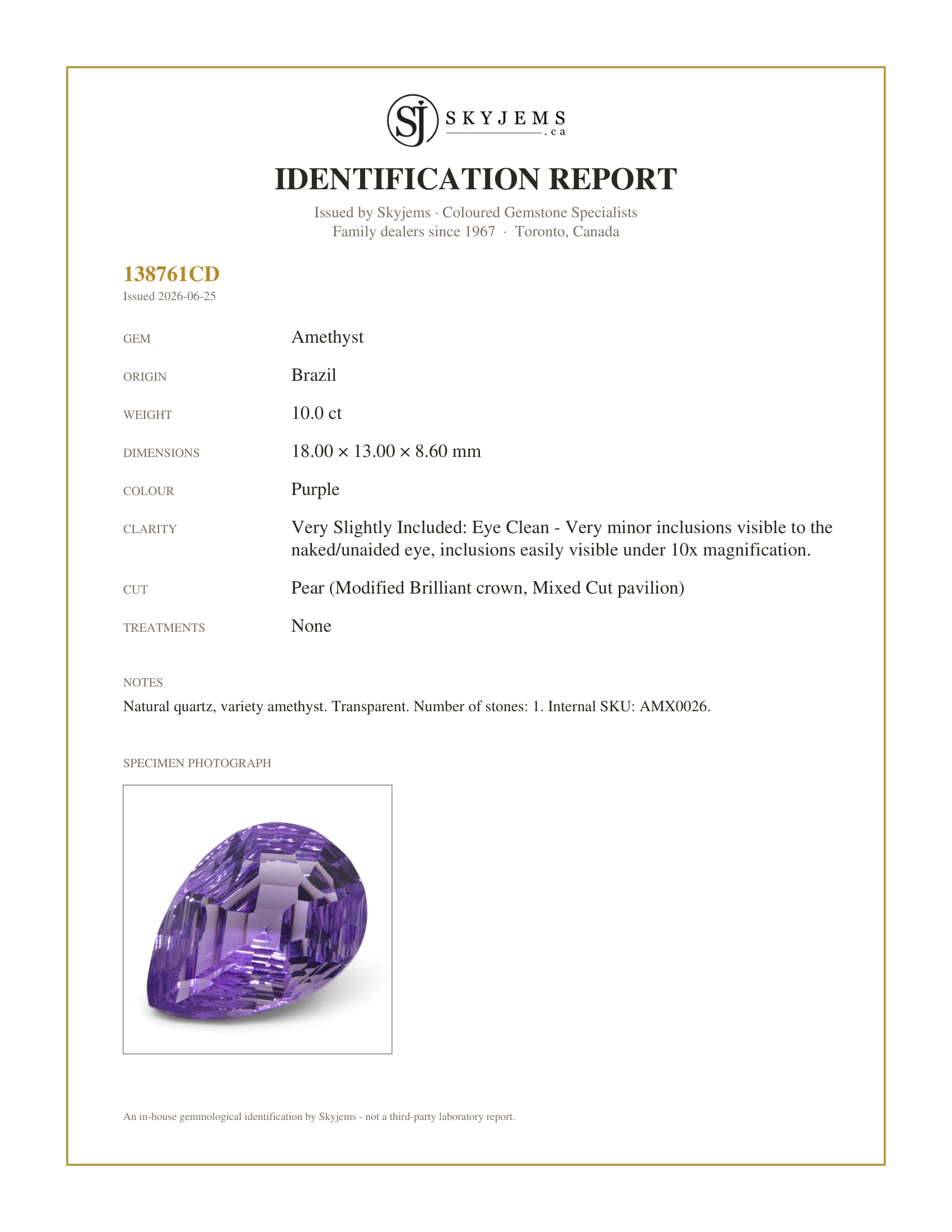 Skyjems Identification Report for AMX0026 — 10ct Pear Amethyst 'Bridget' Fantasy/Fancy Cut