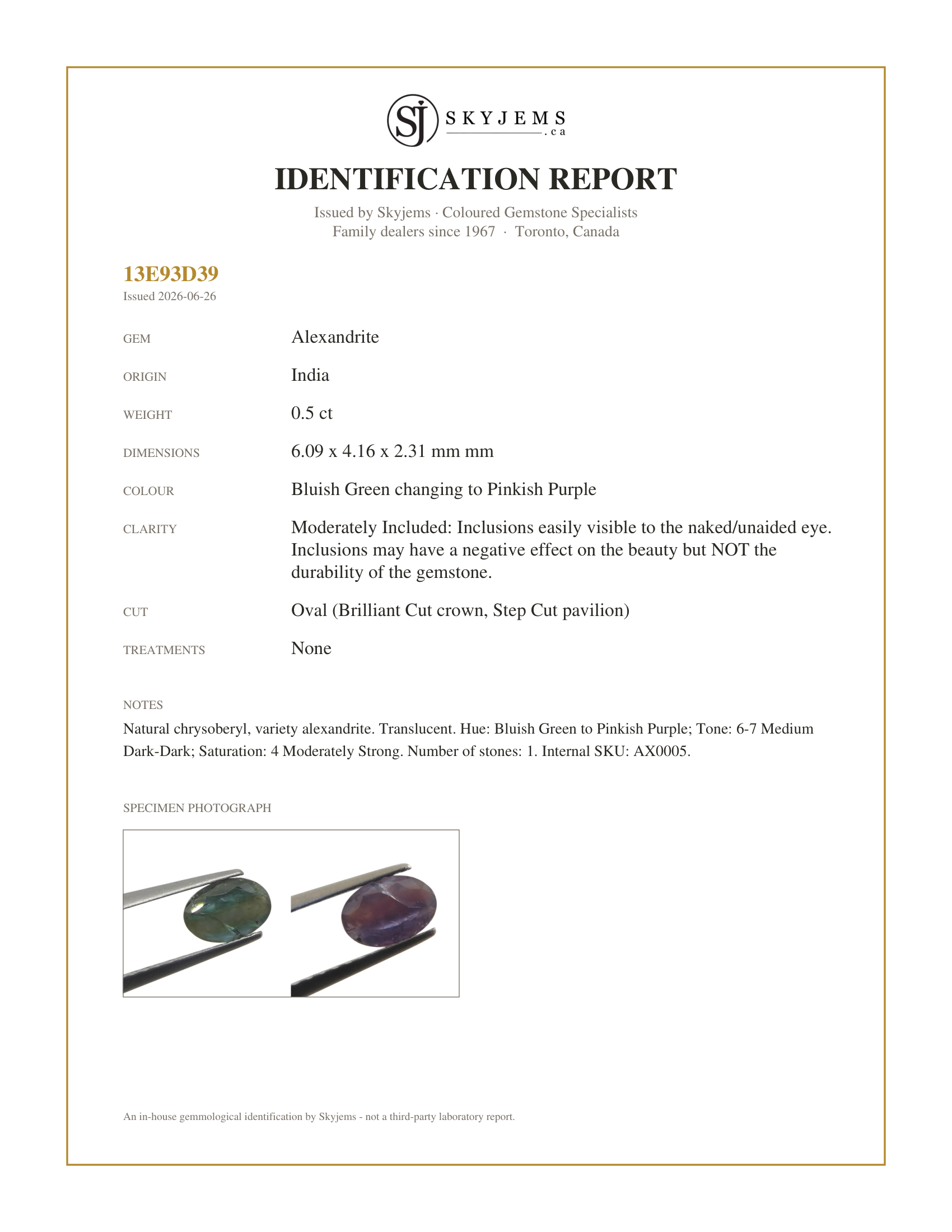 Skyjems Identification Report for AX0005 — 0.5ct Oval Bluish Green to Pinkish Purple Alexandrite from India
