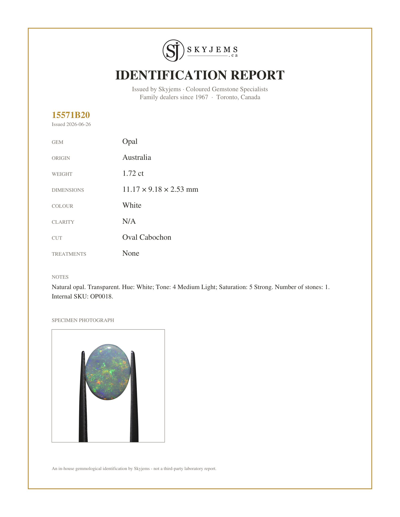 Skyjems Identification Report for OP0018 — 1.72ct Oval Cabochon White Opal from Australia