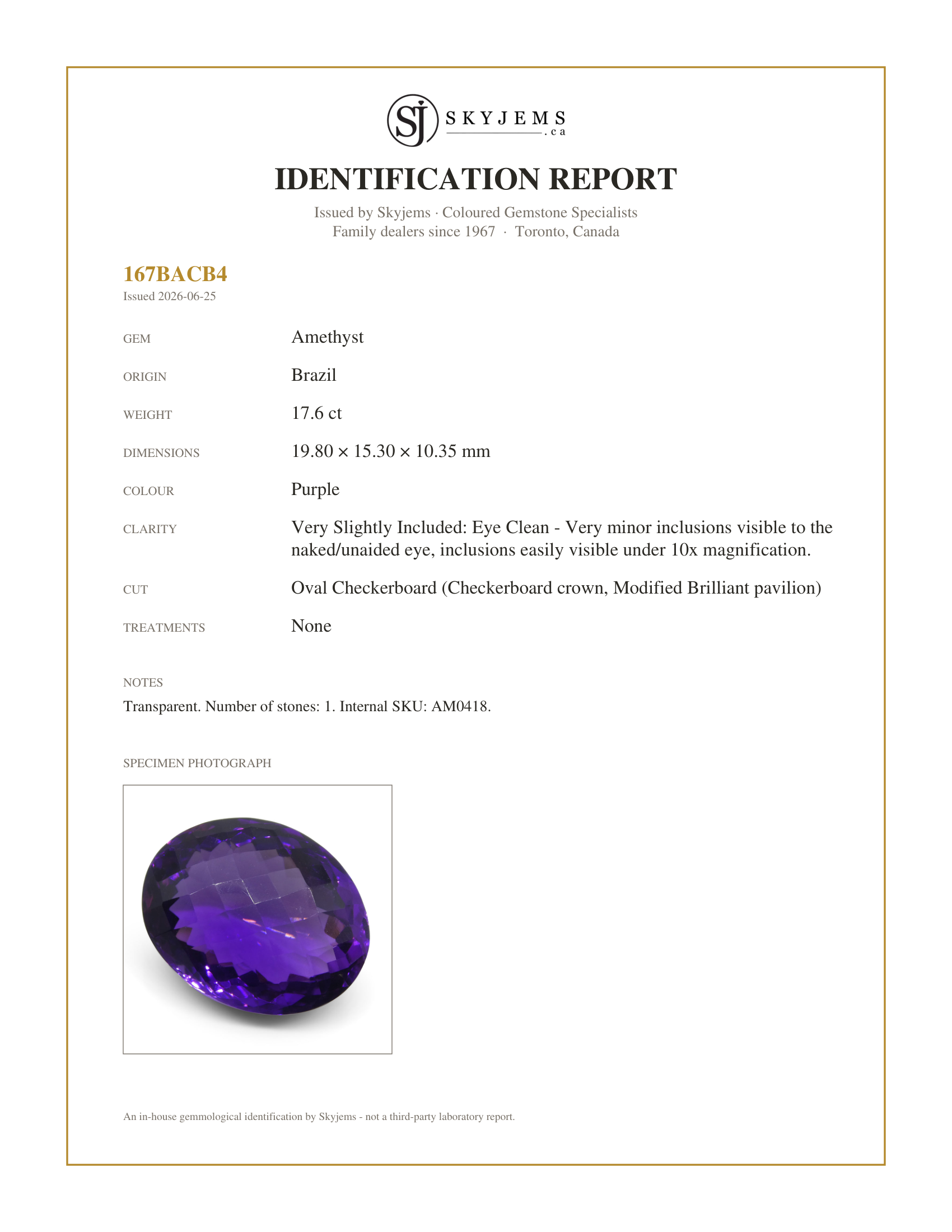 Skyjems Identification Report for AM0418 — 17.6 ct Oval Checkerboard Amethyst