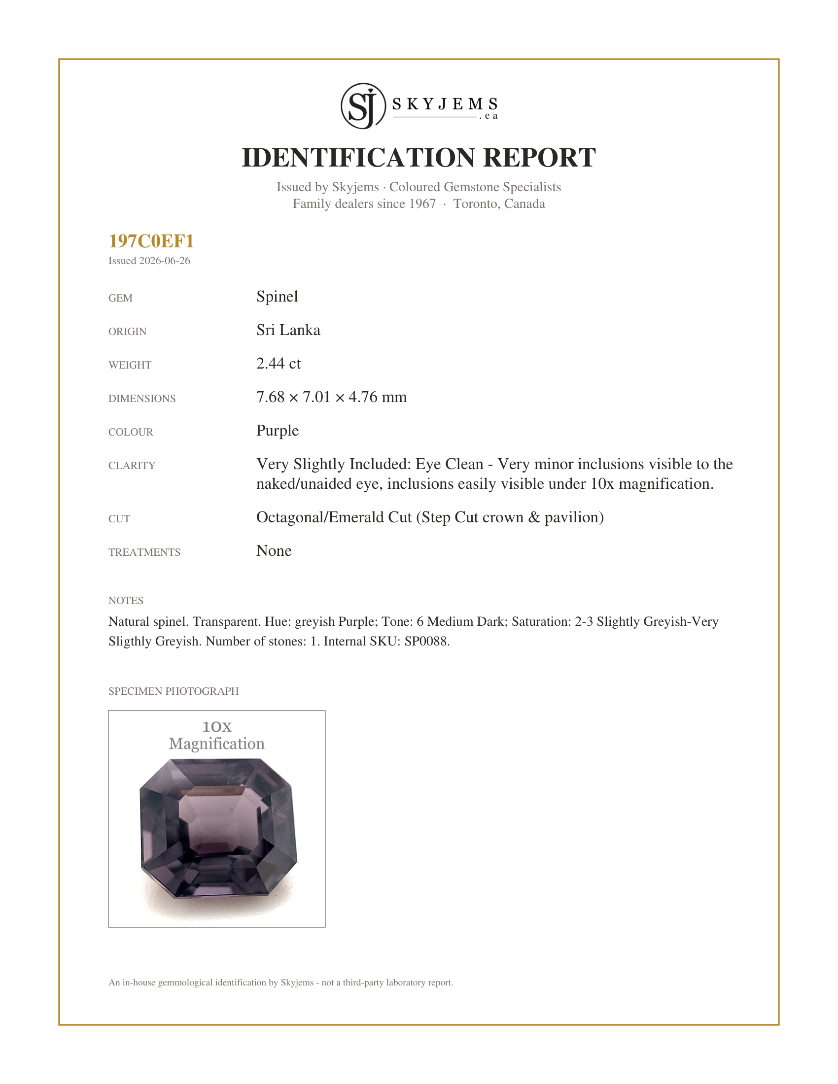 Skyjems Identification Report for SP0088 — 2.44ct Octagonal/Emerald Cut Purple Spinel from Sri Lanka Unheated