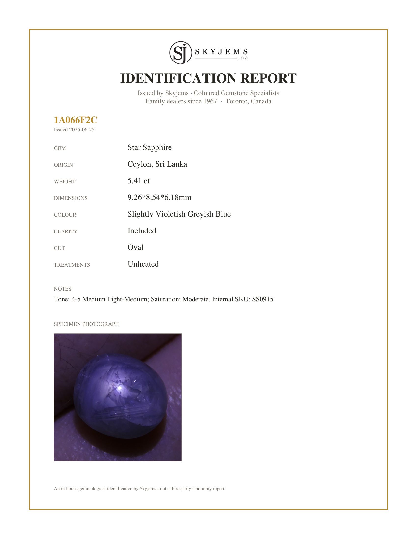 Skyjems Identification Report for SS0915 — 5.41 ct Unheated Blue Ceylon Star Sapphire