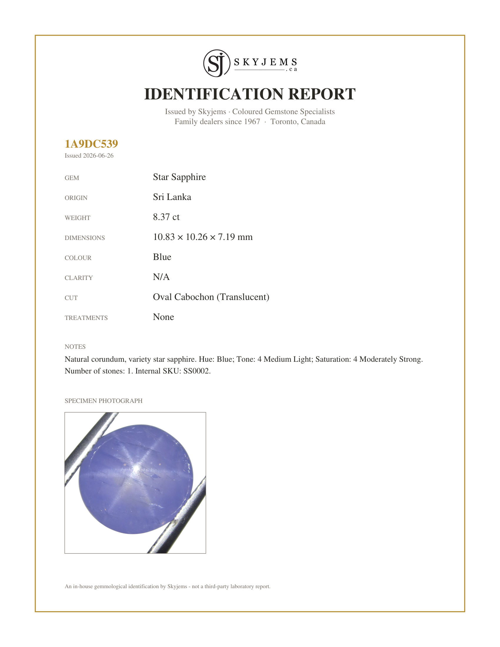 Skyjems Identification Report for SS0002 — 8.37ct Oval Cabochon Blue Star Sapphire from Sri Lanka Unheated