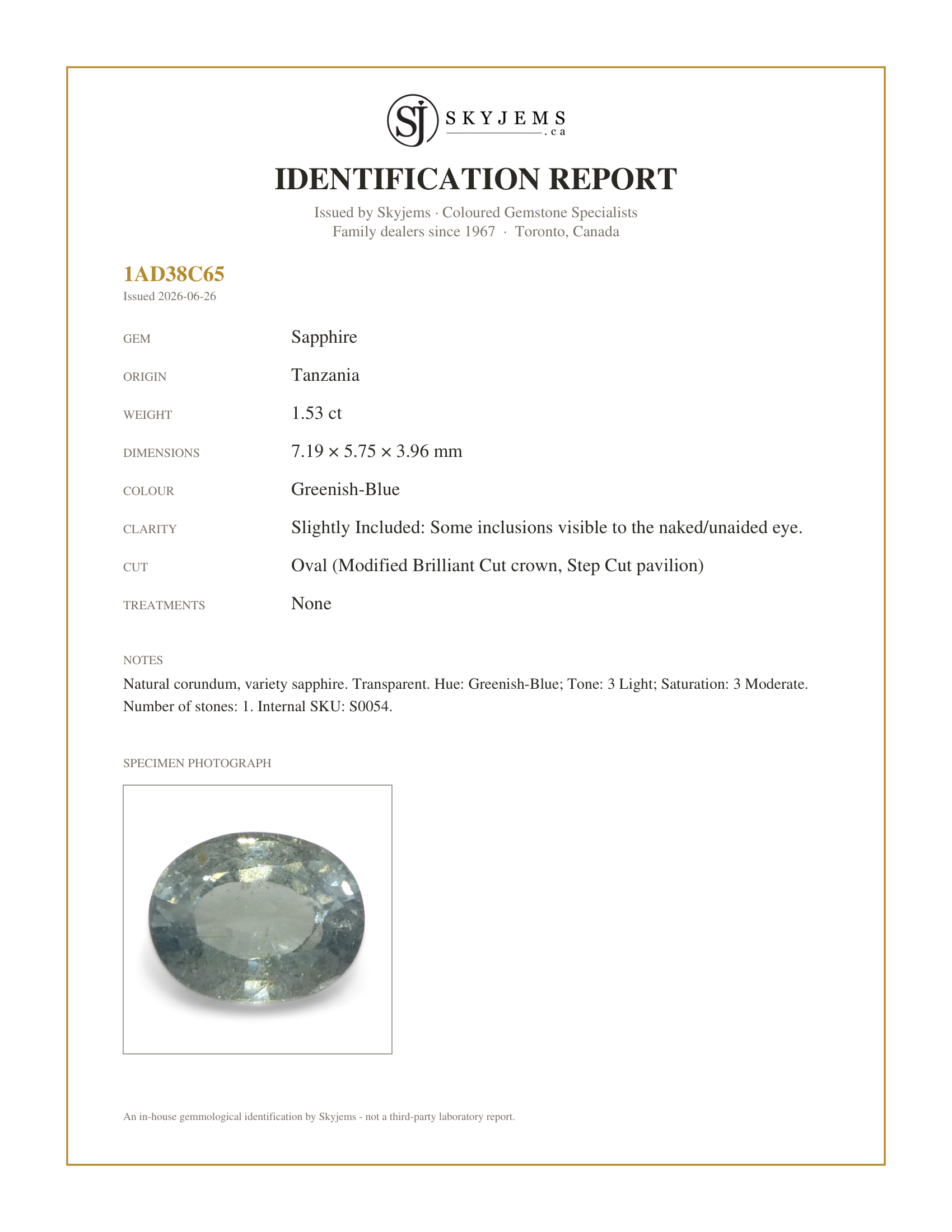 Skyjems Identification Report for S0054 — 1.53ct Unheated Oval Greenish-Blue Teal Sapphire from Tanzania, Unheated