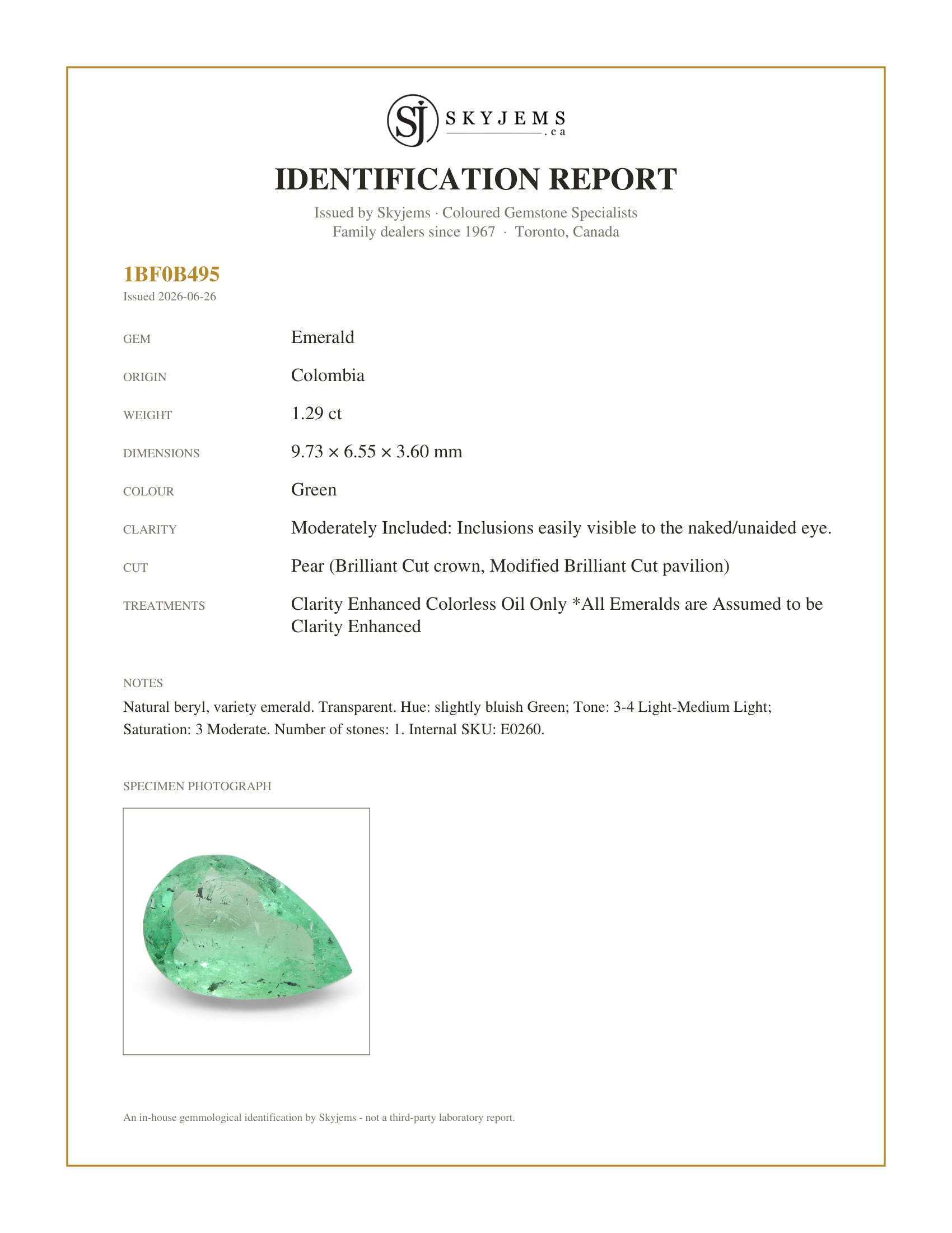 Skyjems Identification Report for E0260 — 1.29ct Pear Green Emerald from Colombia