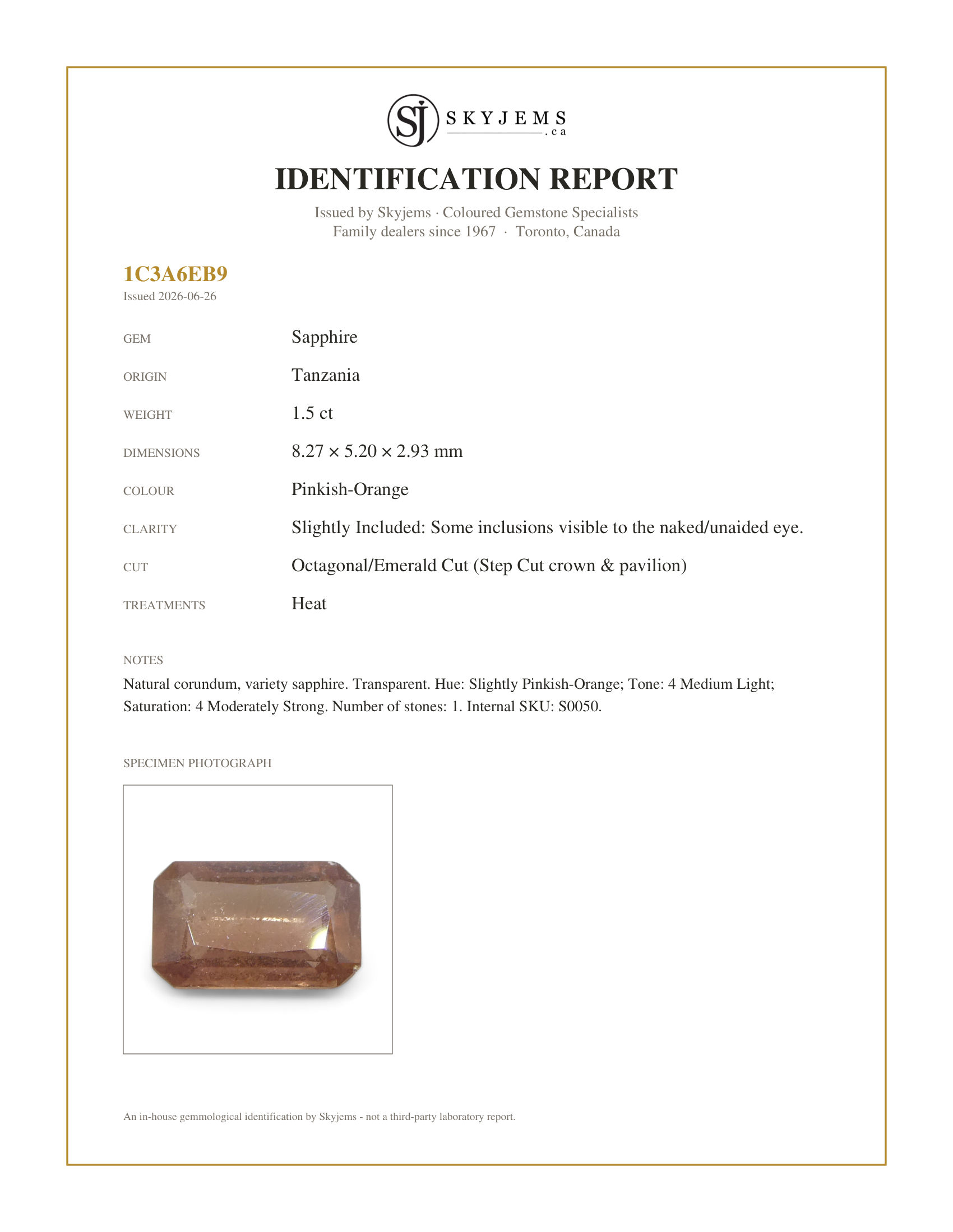 Skyjems Identification Report for S0050 — 1.5ct Octagonal/Emerald Cut Pinkish-Orange Padparadscha Sapphire from Tanzania