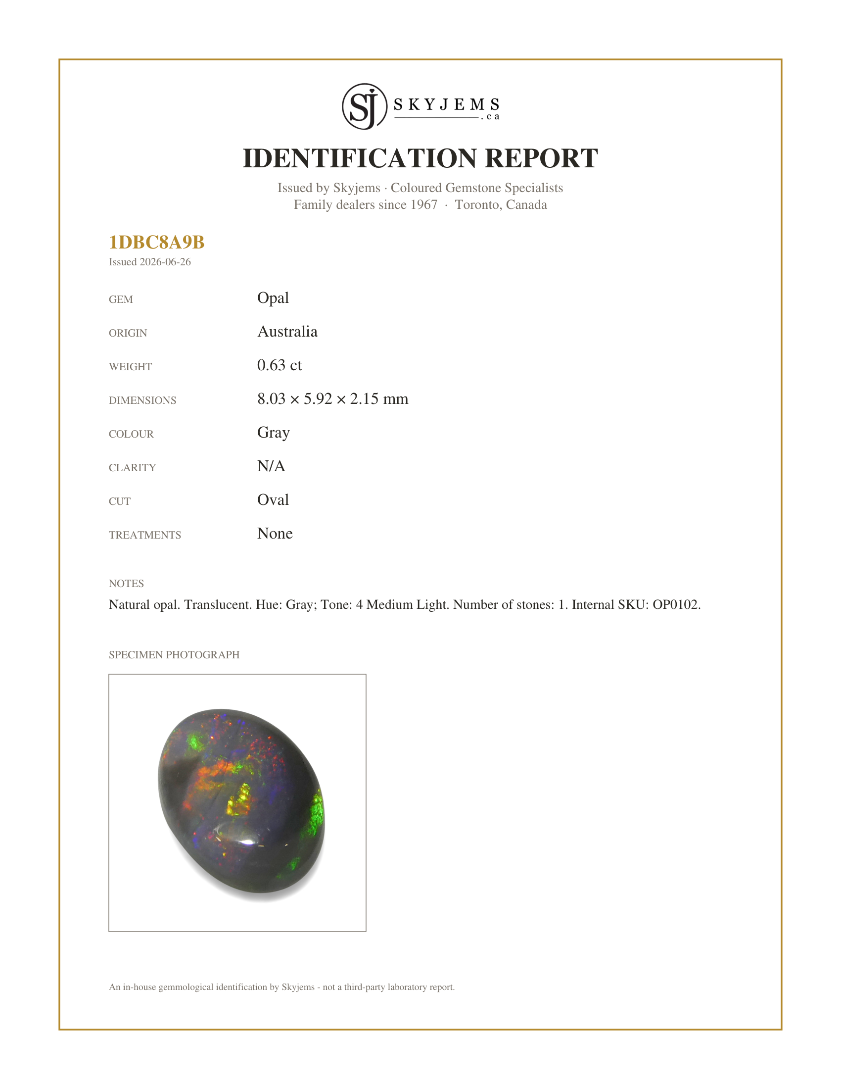 Skyjems Identification Report for OP0102 — 0.63ct Oval Cabochon Gray Opal from Australia