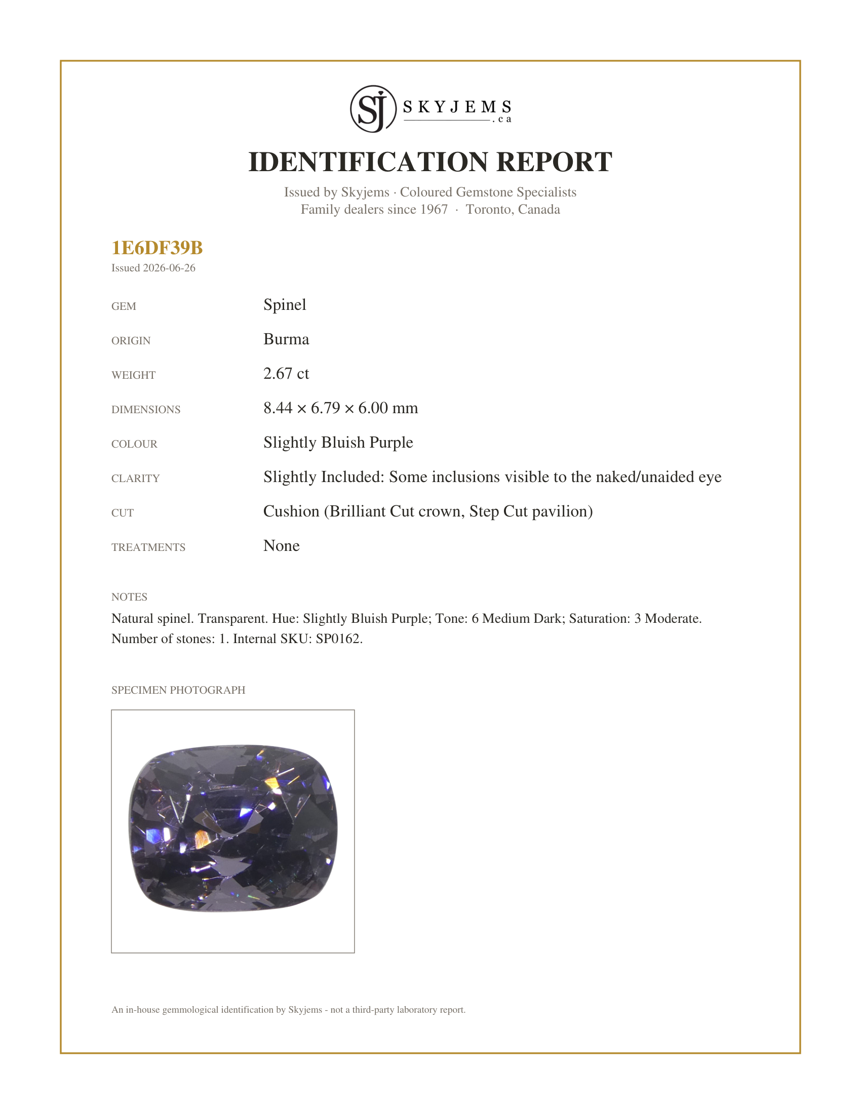 Skyjems Identification Report for SP0162 — 2.67ct Cushion Purple Spinel from Burma Unheated