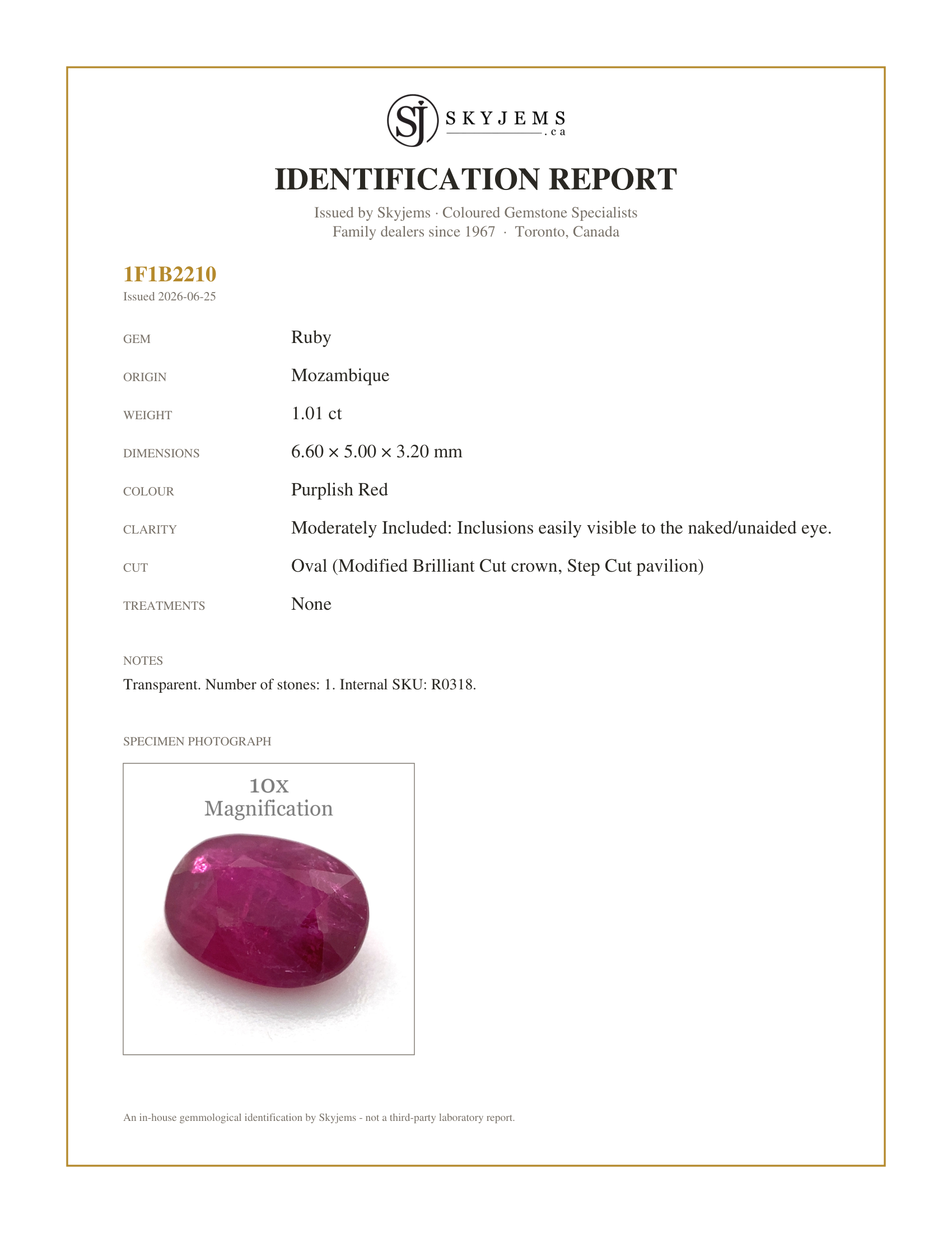 Skyjems Identification Report for R0318 — 1.01ct Oval Red Ruby Unheated