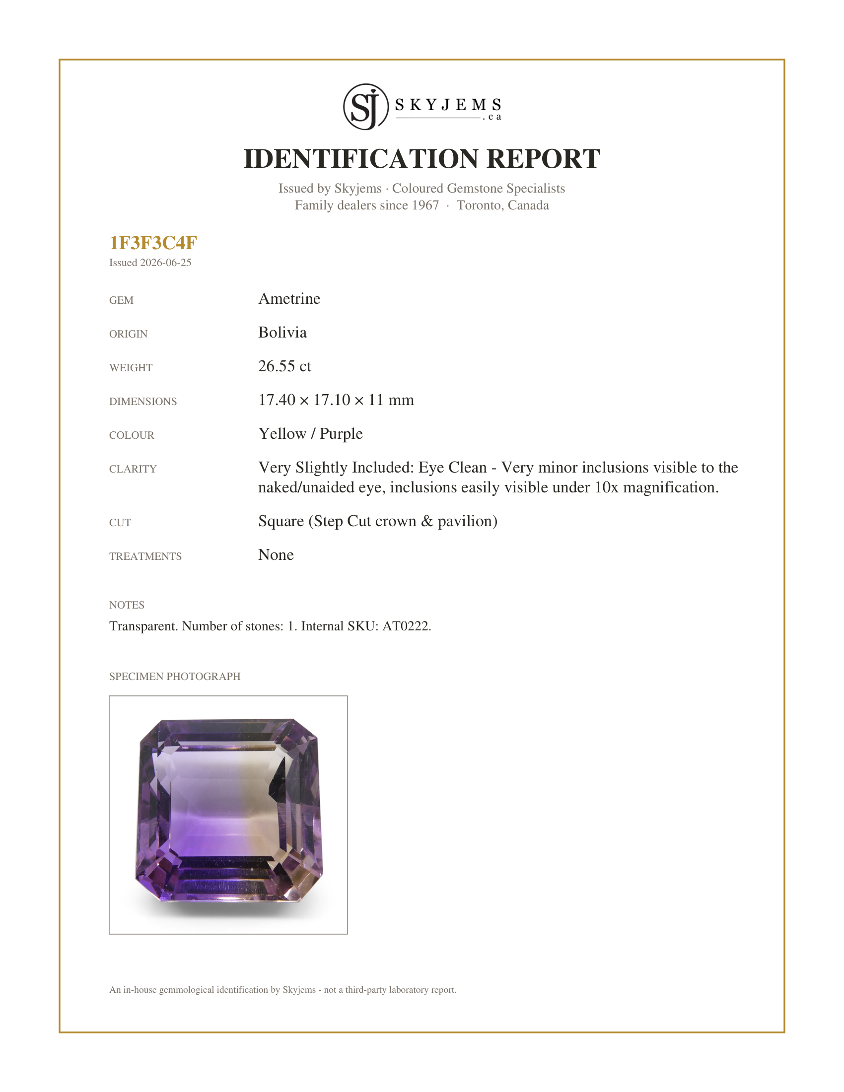 Skyjems Identification Report for AT0222 — 26.55 ct Square Ametrine, 100% Natural Very Rare Single Source Gem from Bolivia