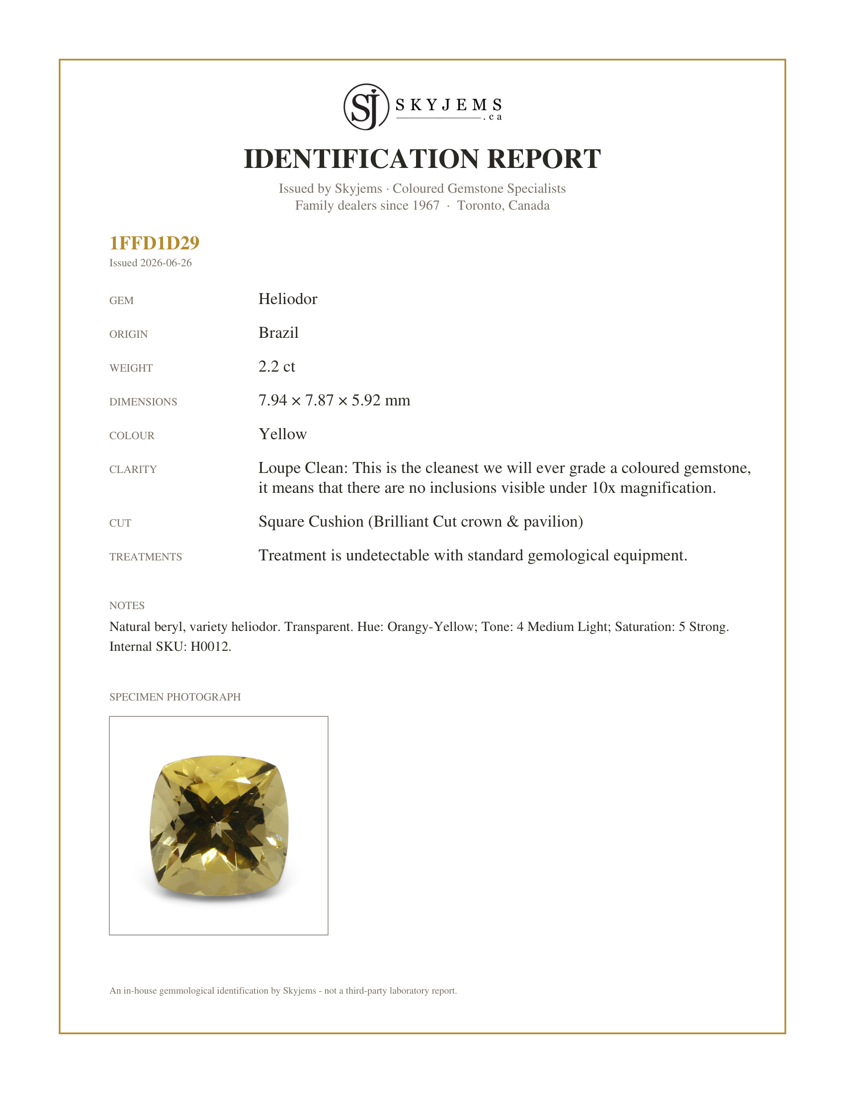 Skyjems Identification Report for H0012 — 2.2ct Square Cushion Heliodor, Golden Yellow Beryl