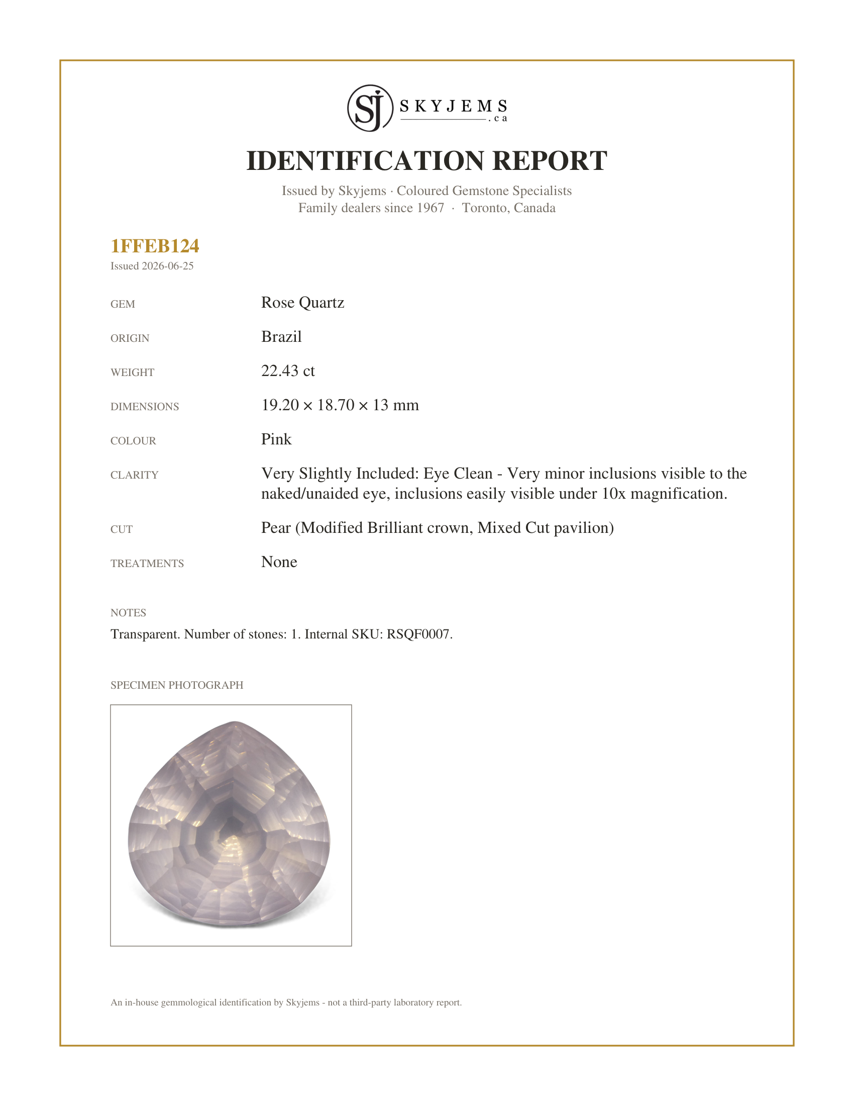 Skyjems Identification Report for RSQF0007 — 22.43ct Pear Rose Quartz Fantasy/Fancy Cut
