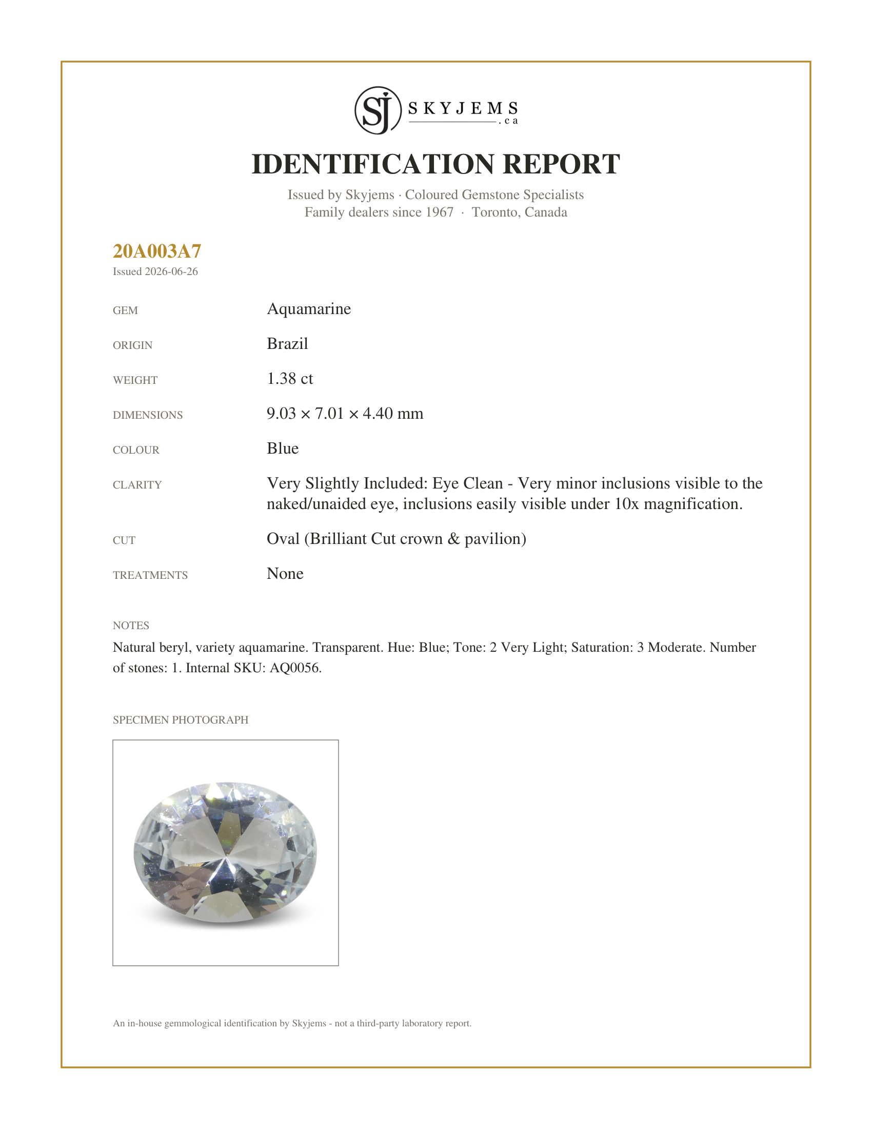 Skyjems Identification Report for AQ0056 — 1.38ct Oval Blue Aquamarine from Brazil Unheated