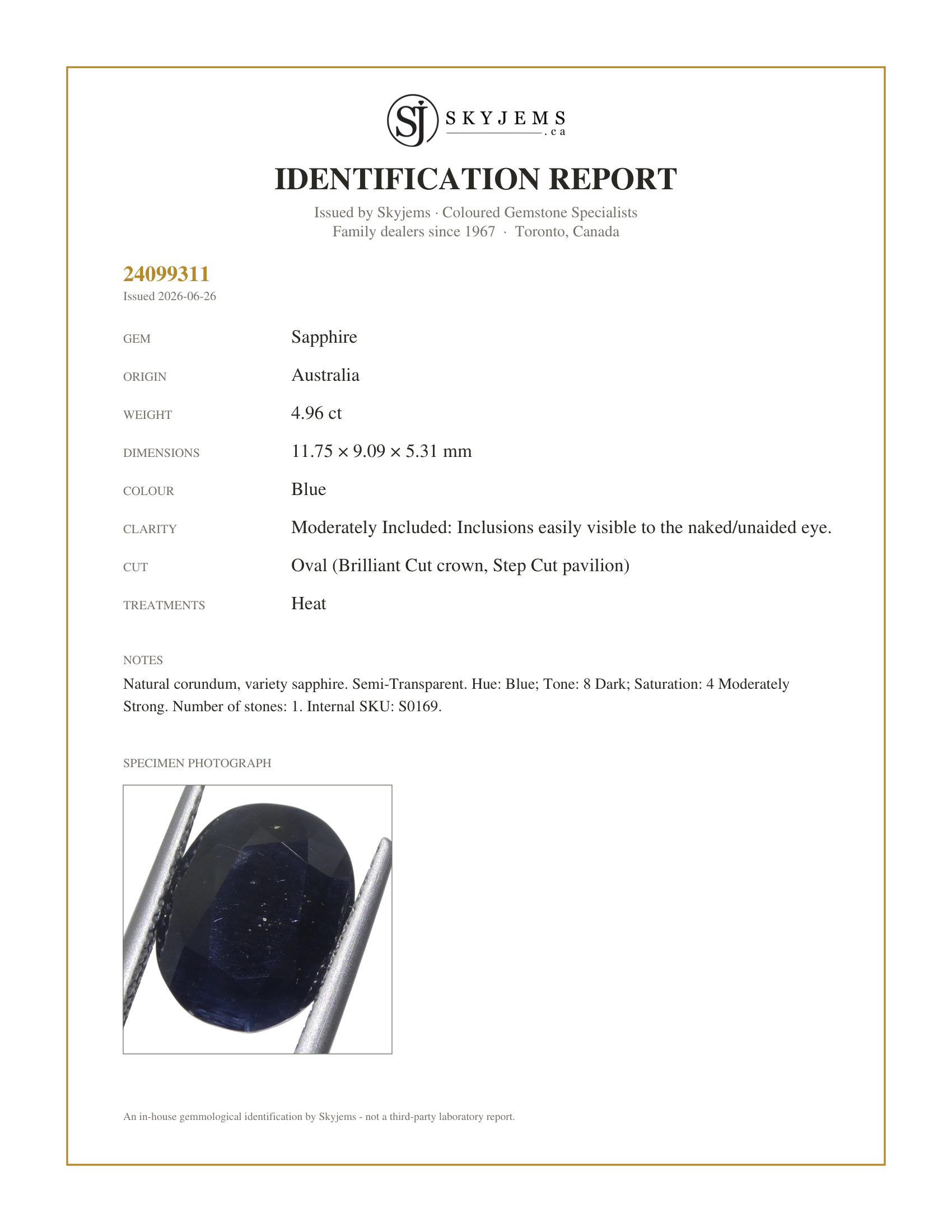 Skyjems Identification Report for S0169 — 4.96ct Oval Blue Sapphire from Australia