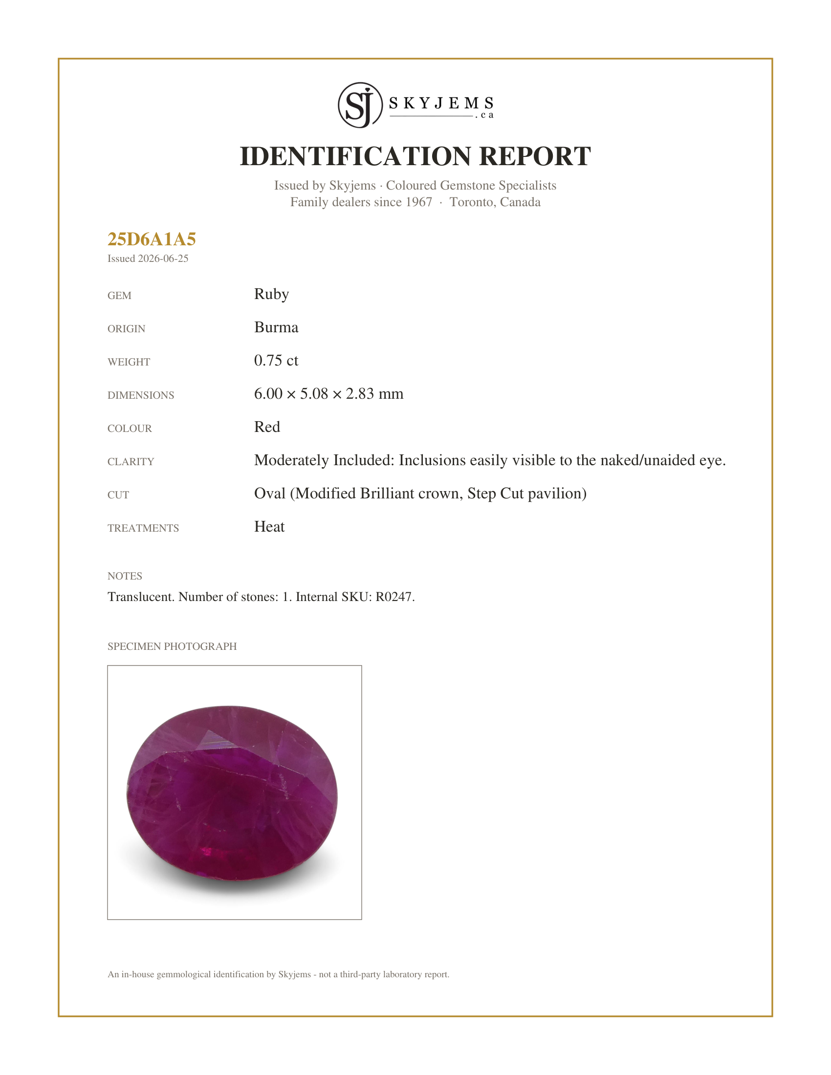 Skyjems Identification Report for R0247 — 0.75 ct Oval Ruby Burma